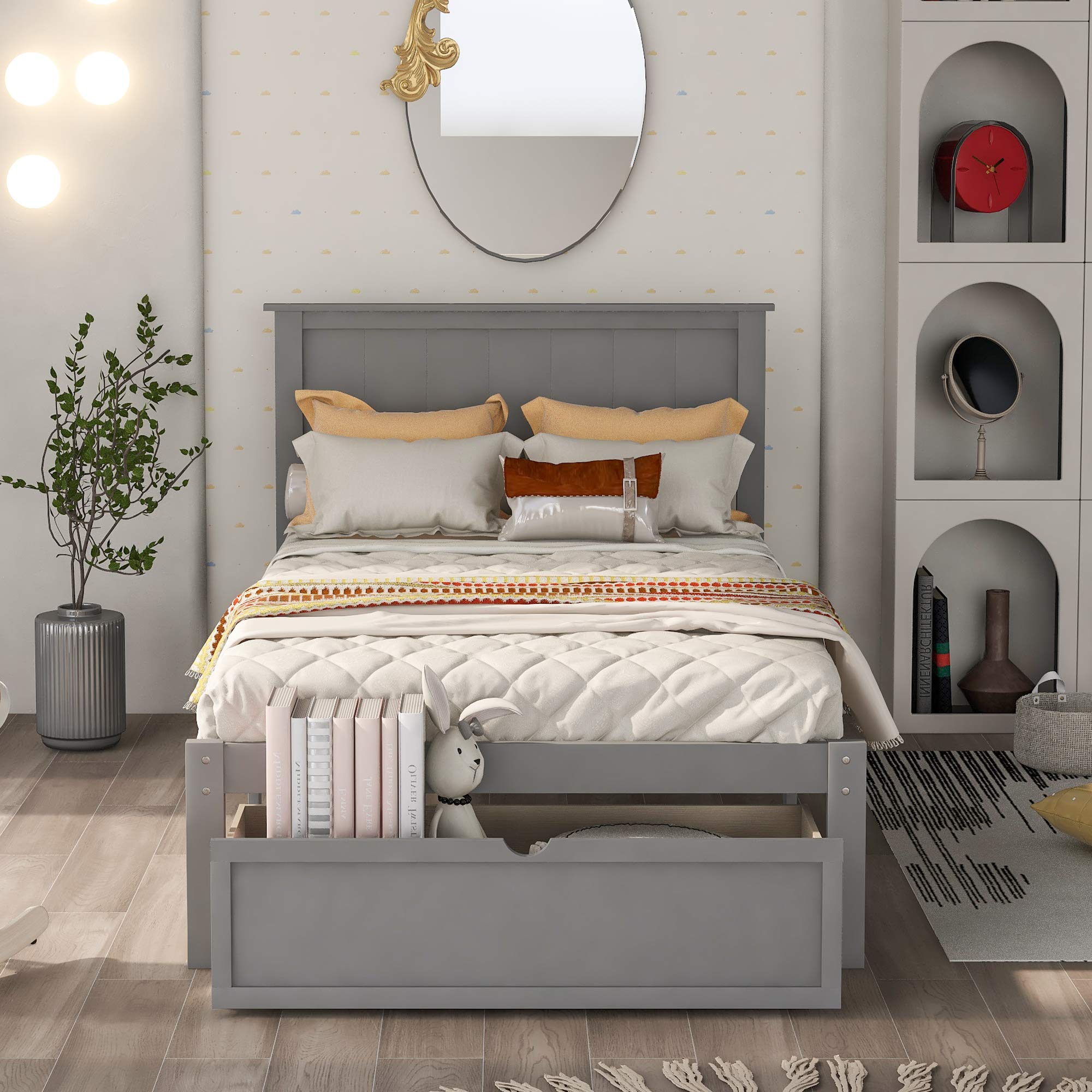 Knocbel Twin Bed Frame with Headboard & Under-Bed Storage Drawer - Solid Wood Platform Bed with 10-Slat Support System (300lbs Capacity, Gray) - Perfect for Small Bedrooms, Guest Rooms & Kids' Rooms
