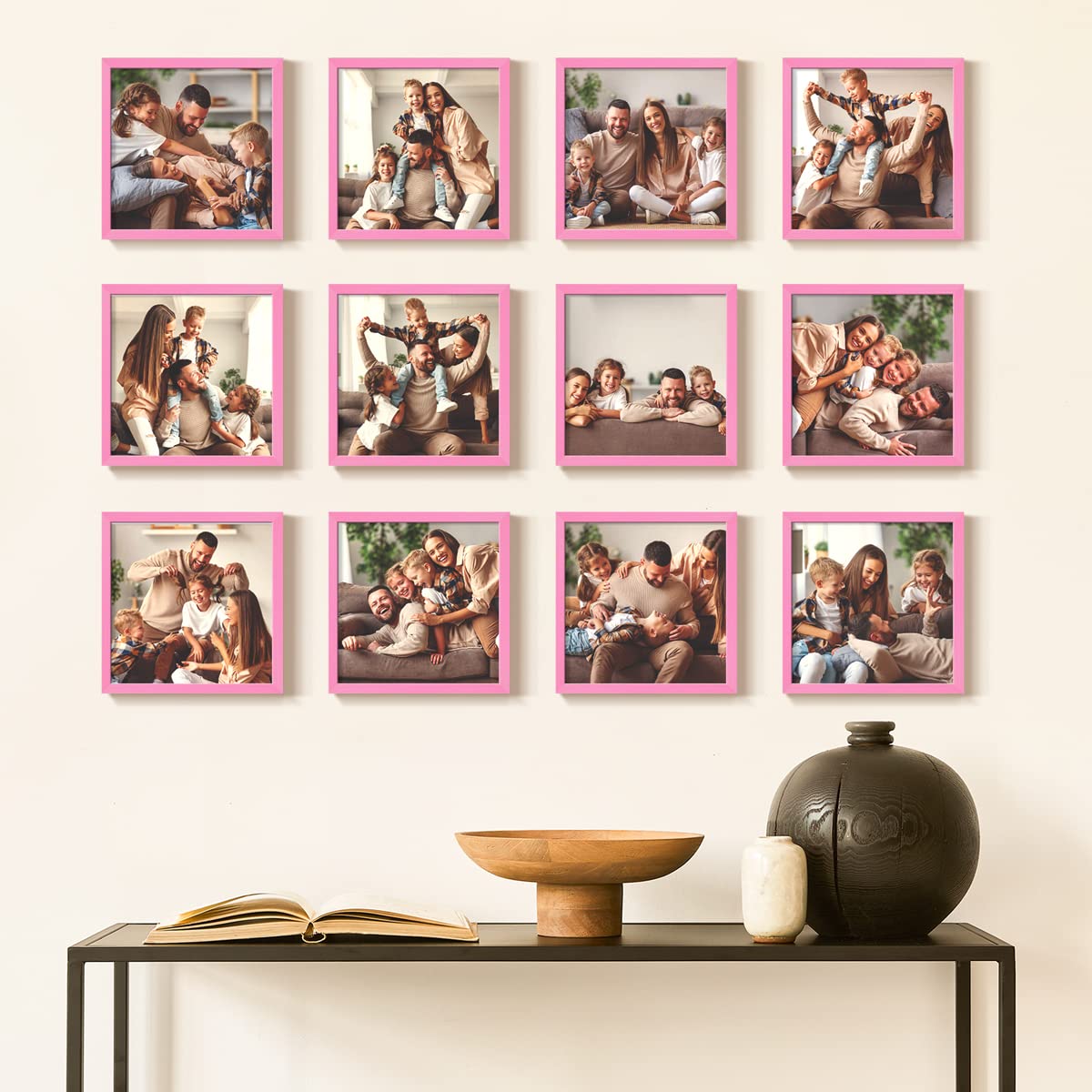 12-Piece Custom Photo Prints Set with 8x8 Real Wood Picture Frames | Personalized Photo Collage Kit | Peel & Stick Wall Decor | Pink Frame for Home, Office & Gift Giving