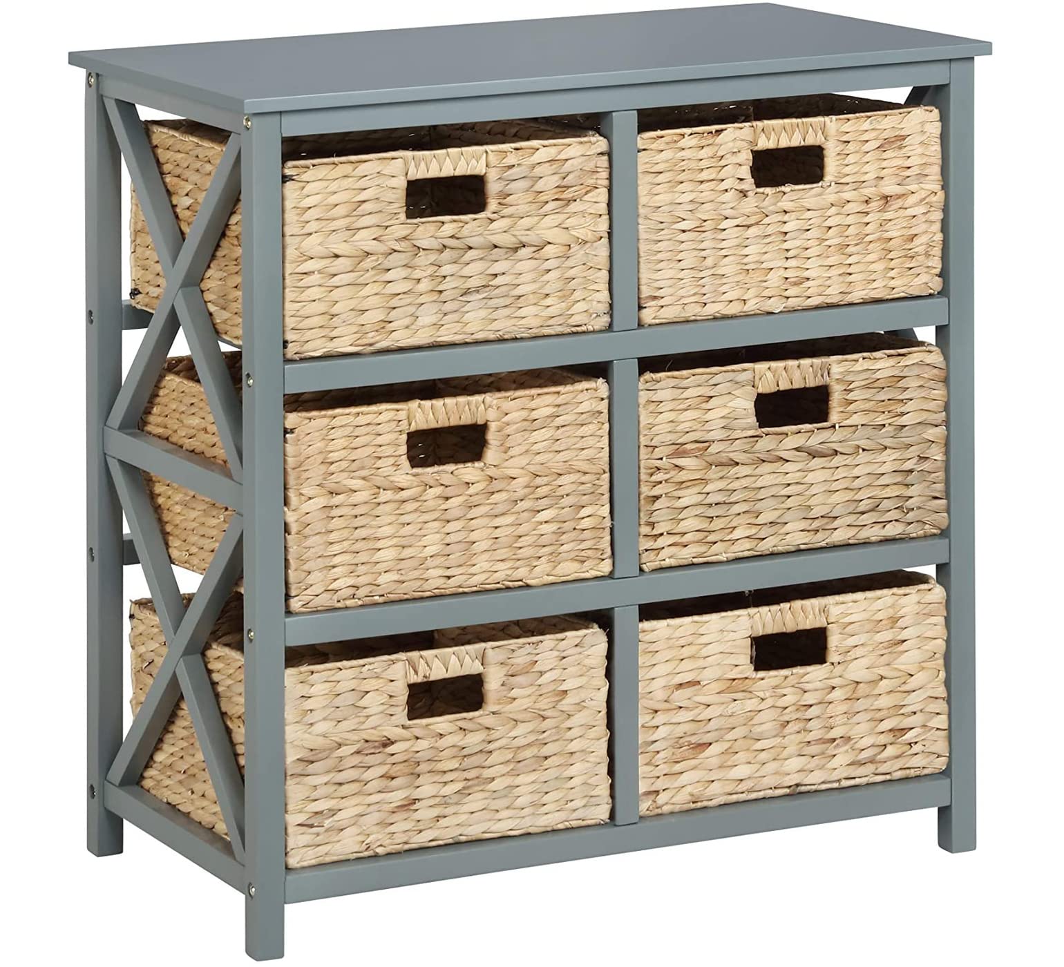 eHemco 3-Tier X-Side End Storage Cabinet with 6 Wicker Baskets, Gray - Perfect for Bedroom, Bathroom, and Living Room Organization