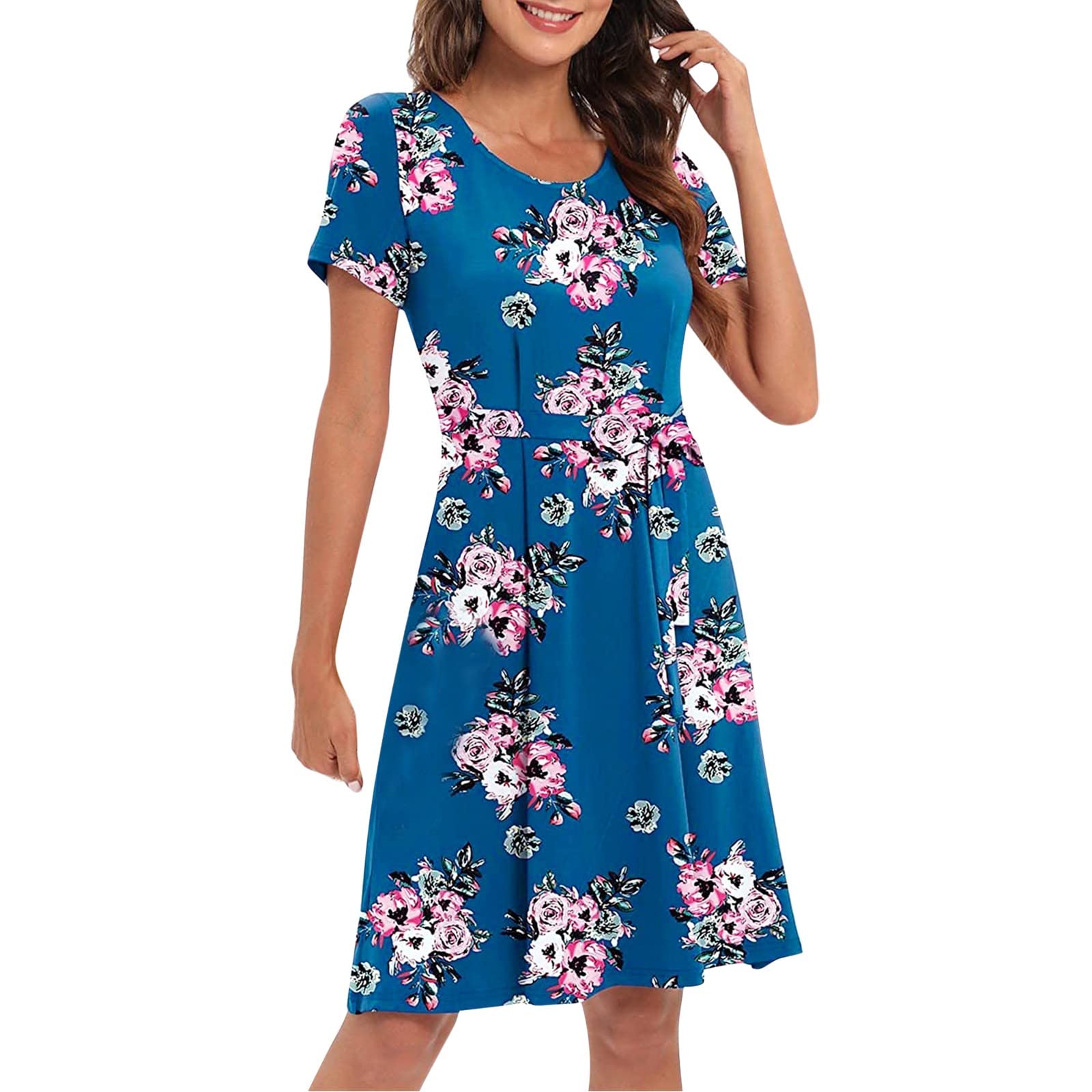 Women's Casual Summer Dresses - Short Sleeve Elegant O-Neck Floral Print Mini Swing Dress for Beach, Vacation & Date Night