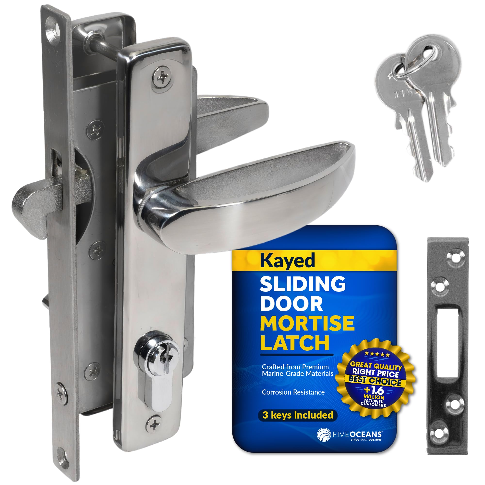Five Oceans Heavy-Duty Stainless Steel Mortise Lock Set FO2240 - Marine Grade Door Handle with 3 Keys for Interior & Exterior Doors | Perfect for Boats, Kayaks, and Home Security