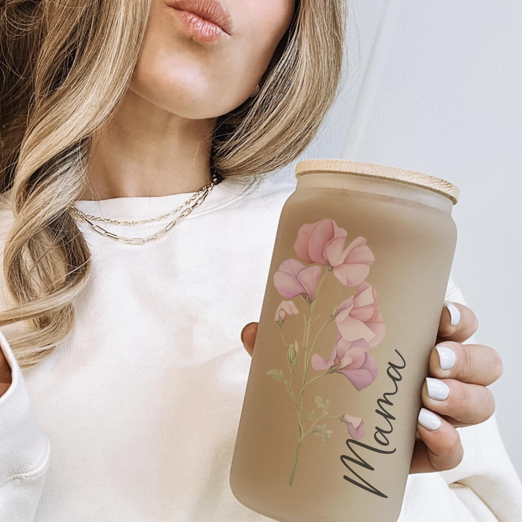 Personalized 16 oz Glass Tumbler with Lid & Straw - Custom Birth Month Flower Design - Iced Coffee Cup with Name Engraving - Unique Bridesmaid Proposal Gift for Women, Mom, Teachers - Perfect for Birthday, Mother's Day & Everyday Use at Home, Office or Travel