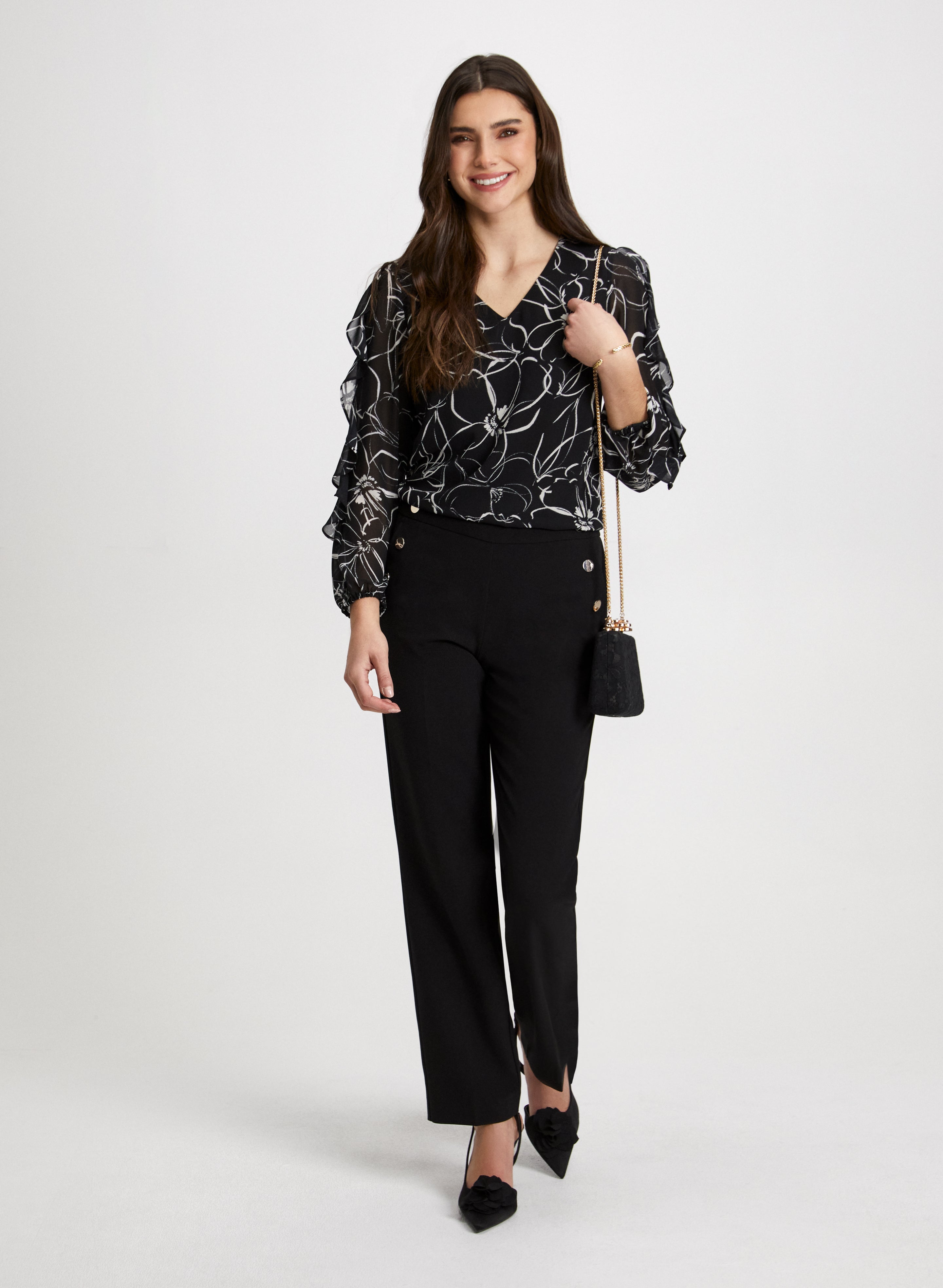 Floral Ruffle Sleeve Blouse with Straight Leg Pants Set - Women's Elegant Office Wear & Spring Outfit for Work, Dating, and Special Occasions