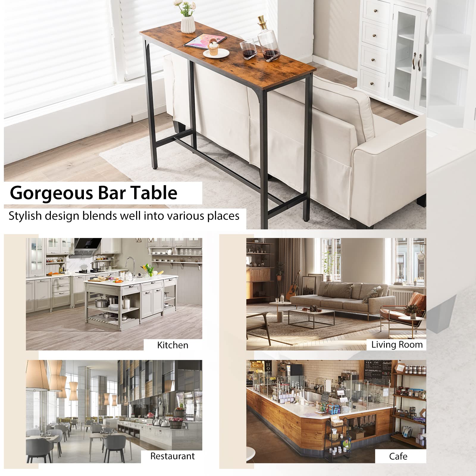 COSTWAY 48 Inch Industrial Bar Table with Steel Frame & Footrest - Rustic Brown Kitchen Dining Table, Narrow Console Table for Entryway, Home & Apartment | Perfect for Small Spaces, Breakfast Nooks & Entertaining Guests
