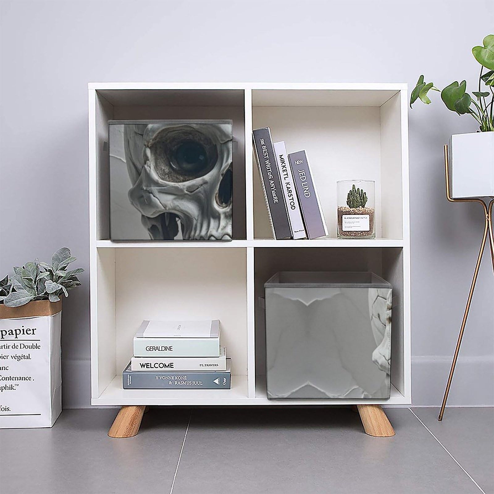 Skull Pattern Storage Bins - Large Collapsible Closet Organizer with Handles (10.6x10.6x10.6 Inch) - Gray & White Storage Cubes for Home, Office, Bedroom, Kids Room Organization