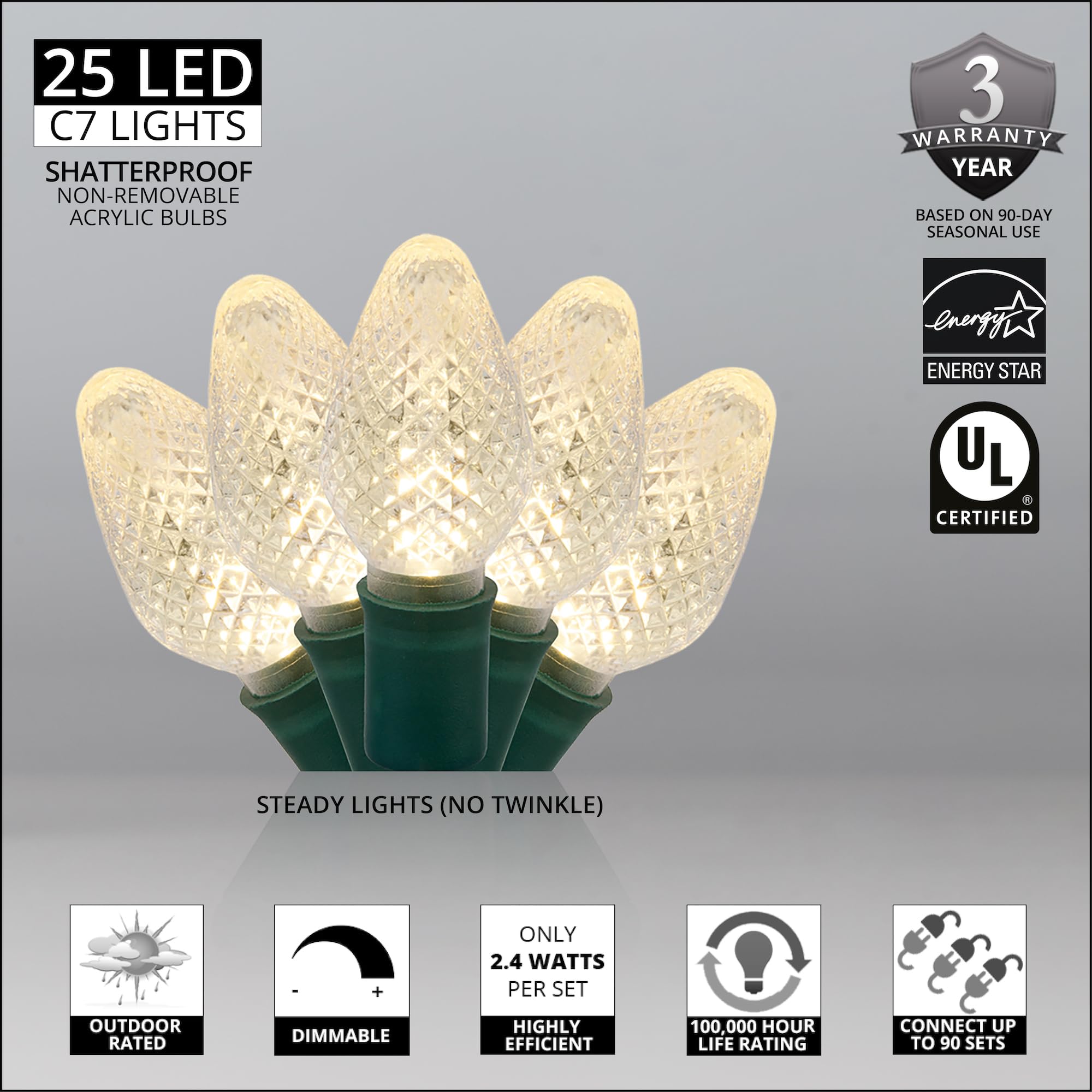 25-Pack Wintergreen C7 LED Christmas Lights - 17 Ft Warm White String Lights for Indoor & Outdoor Decor - Perfect for Holiday, Party, Wedding & Home Decoration