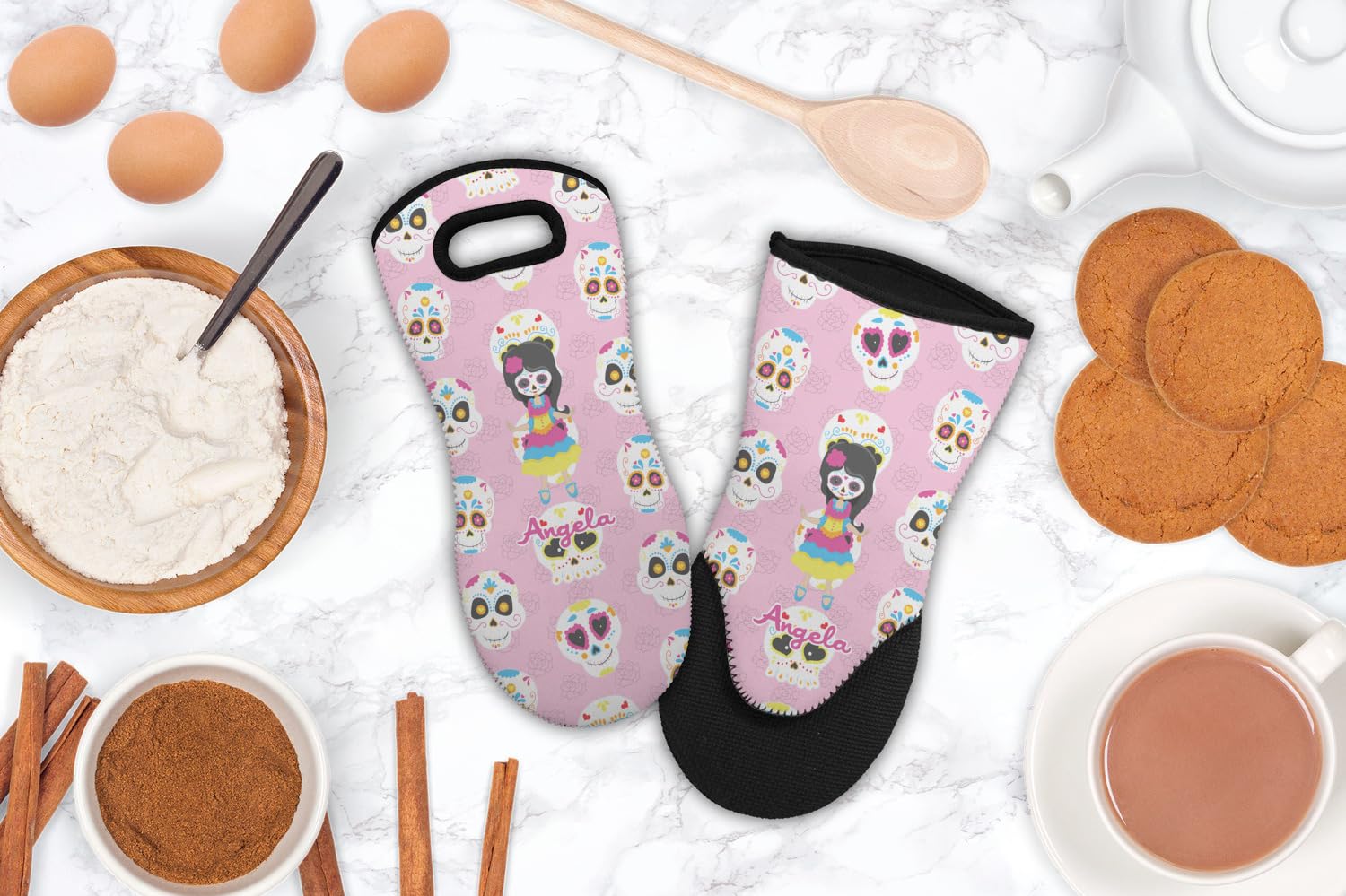 Custom Kids Sugar Skull Oven Mitt - Personalized with Name or Text - Heat Resistant Neoprene Kitchen Glove for Baking, Cooking & Holiday Gifts