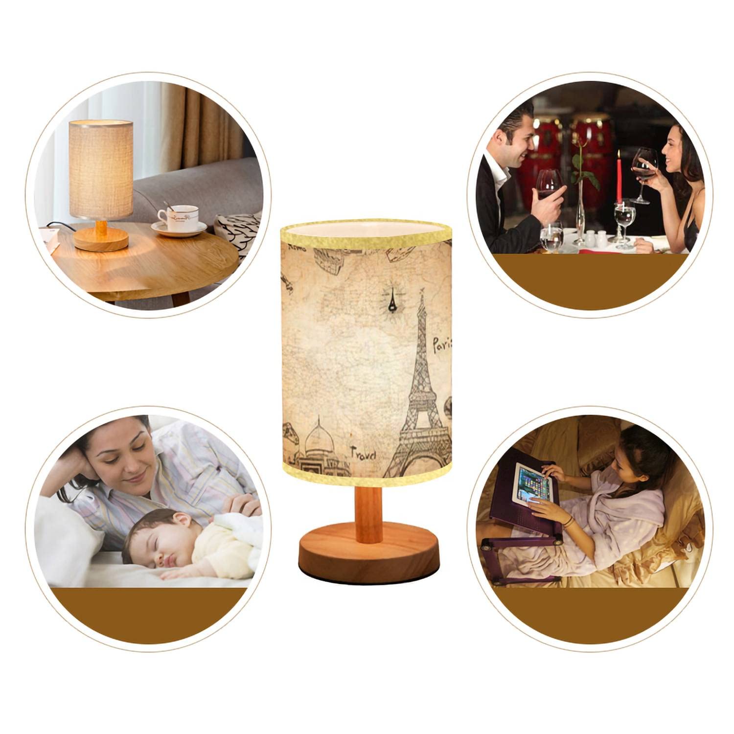 Minimalist Wooden Bedside Table Lamp with World Map Outline & City Names - Nightstand Lamp with Flaxen Fabric Shade for Bedroom, Living Room, Office - Perfect for Reading, Decor & Ambient Lighting