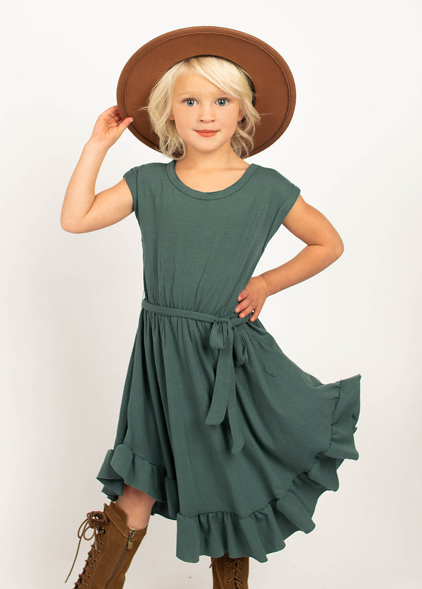 Amoura Deep Teal Dress for Women - Elegant Flowy Midi Dress with V-Neck & Ruffle Sleeves - Perfect for Weddings, Parties & Date Nights