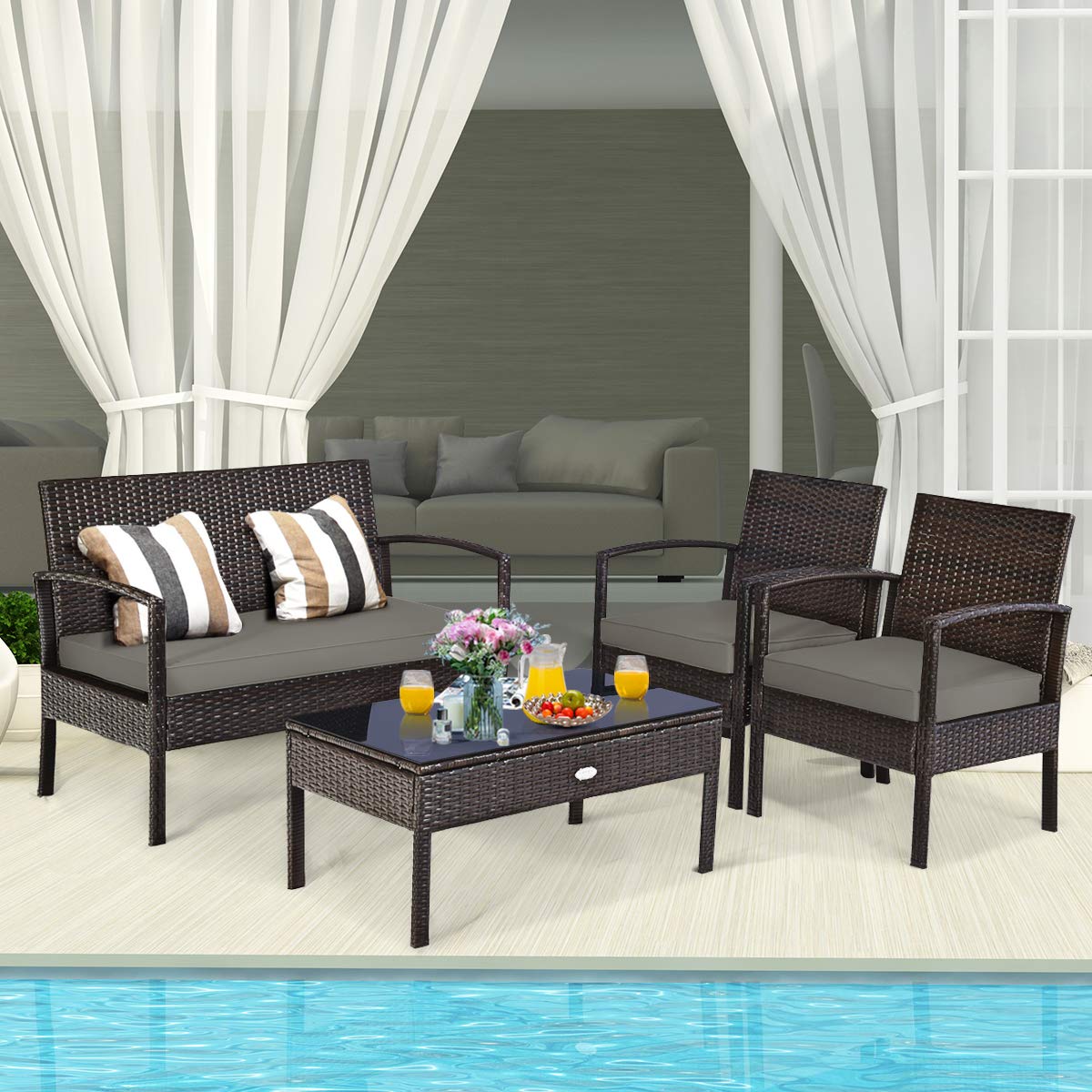 HappyGrill 4-Piece Outdoor Patio Furniture Set - Rattan Wicker Loveseat Sofa with Cushions & Glass Top Coffee Table - Perfect for Garden, Poolside, Lawn, and Backyard Relaxation