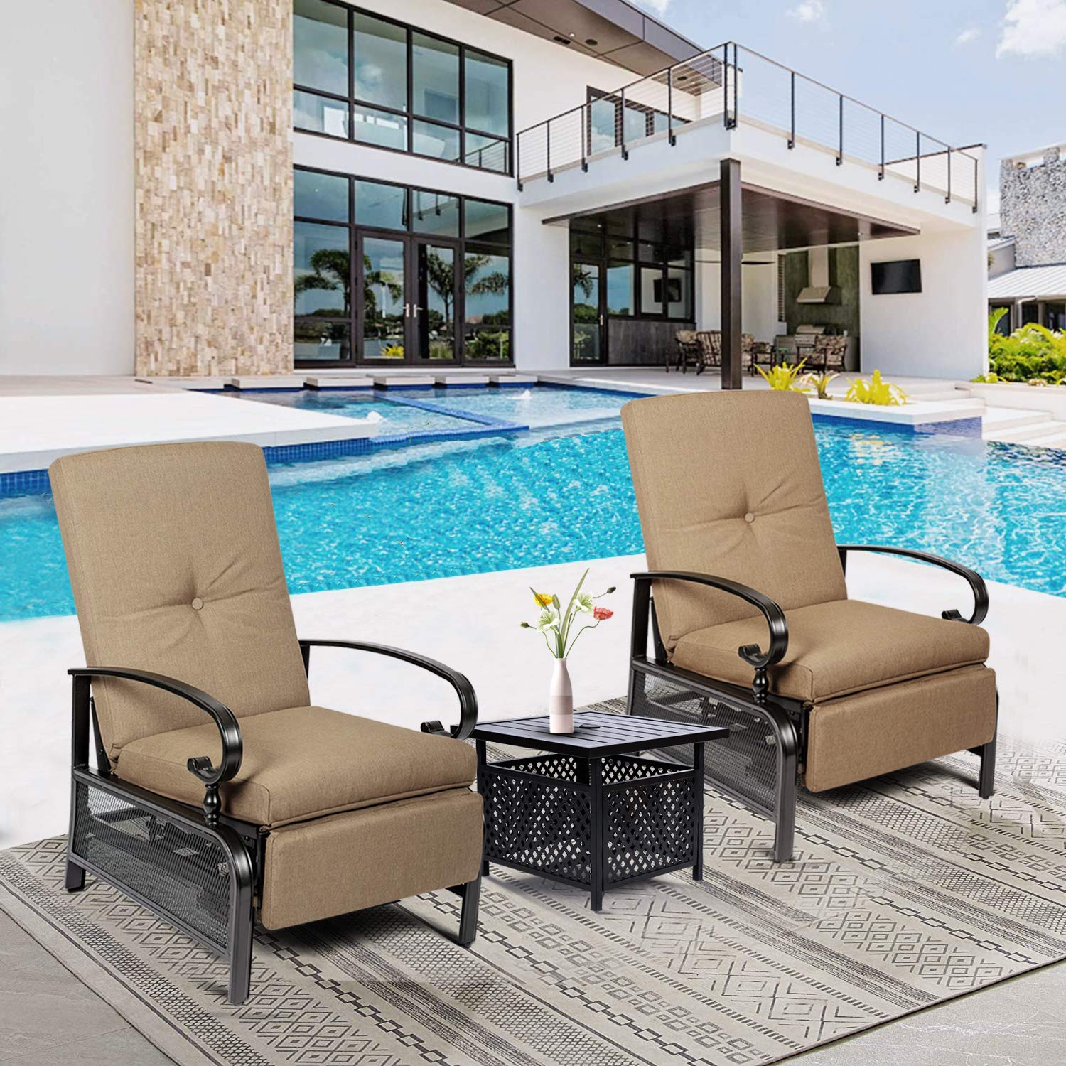 **Crownland 3-Piece Outdoor Lounge Chair Set with Adjustable Reclining Patio Chairs & Umbrella Bistro Table - Water-Resistant Cushions (Brown) - Perfect for Backyard, Poolside, and Garden Relaxation**