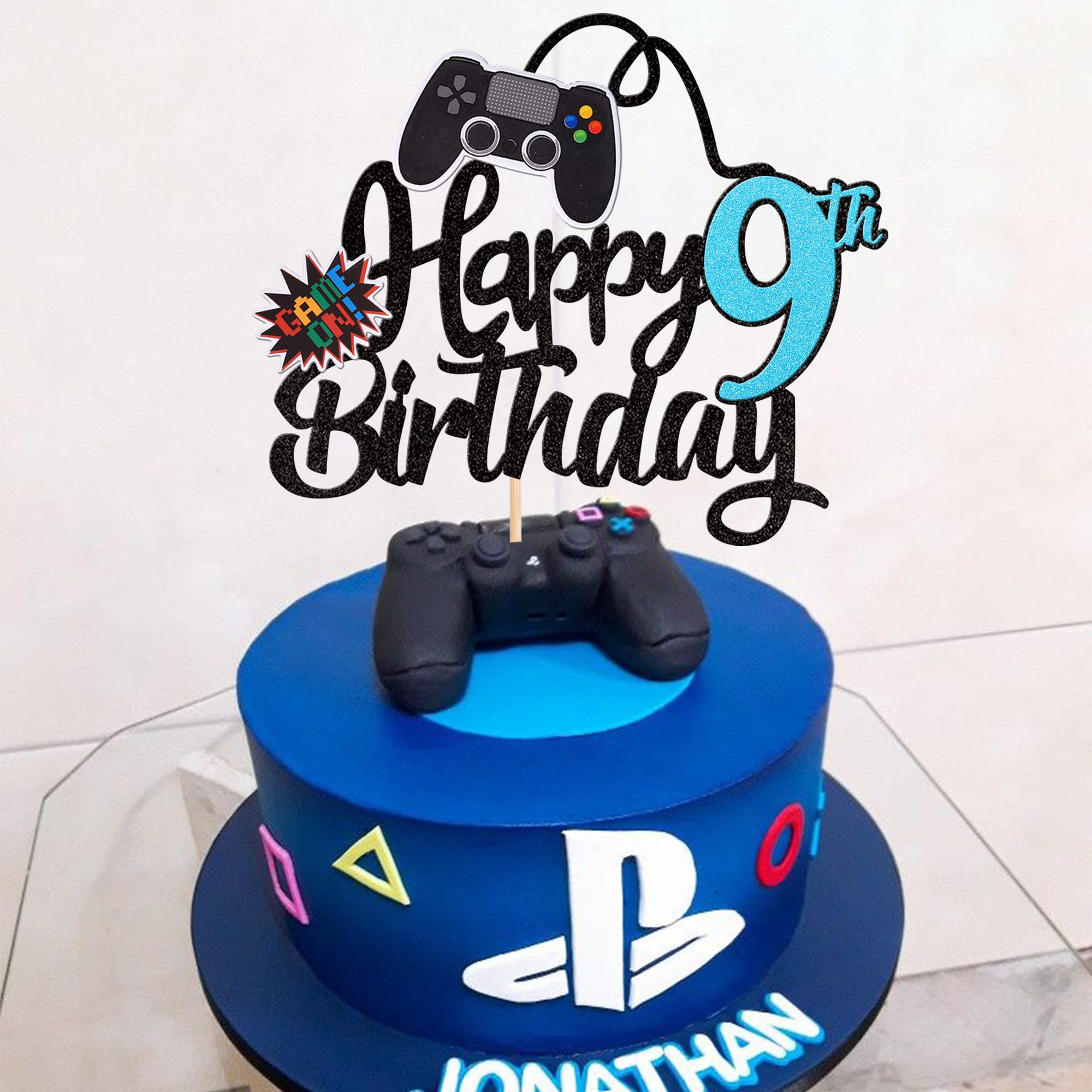 1 PCS Video Game Happy 9th Birthday Cake Topper - Glitter Game Controller Cake Pick - Nine Cheers to 9 Years Cake Decoration - Blue Birthday Party Supplies for Kids Gaming Theme Celebration | Perfect for Birthday Cakes, Cupcakes & Party Decorations