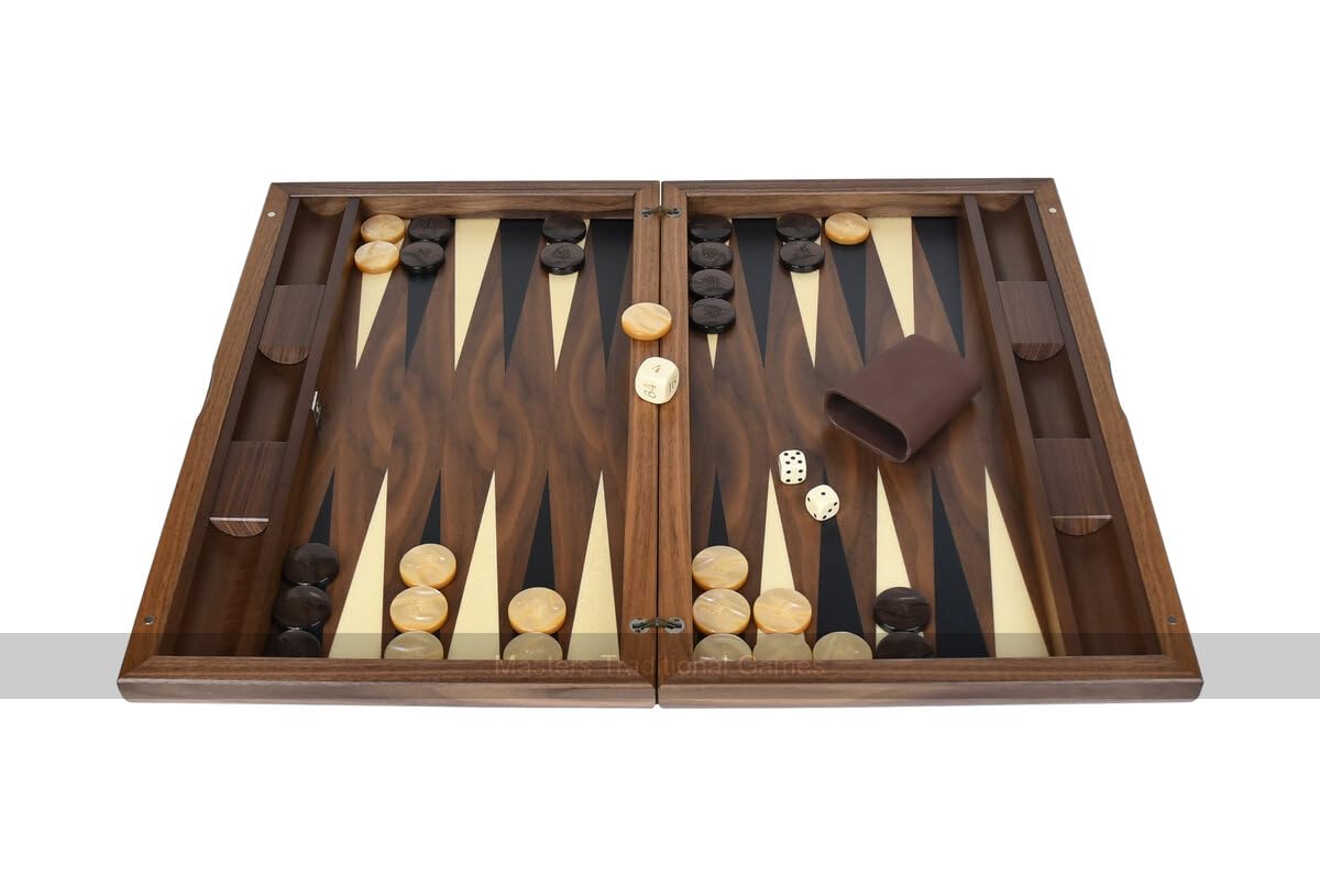 York Deluxe 19-Inch Walnut Backgammon Set with Inlaid Wooden Board - Includes Wooden Checkers, Dice Cups, Dice & Doubling Cube - Italian Craftsmanship - Perfect for Game Nights, Travel & Home Decor