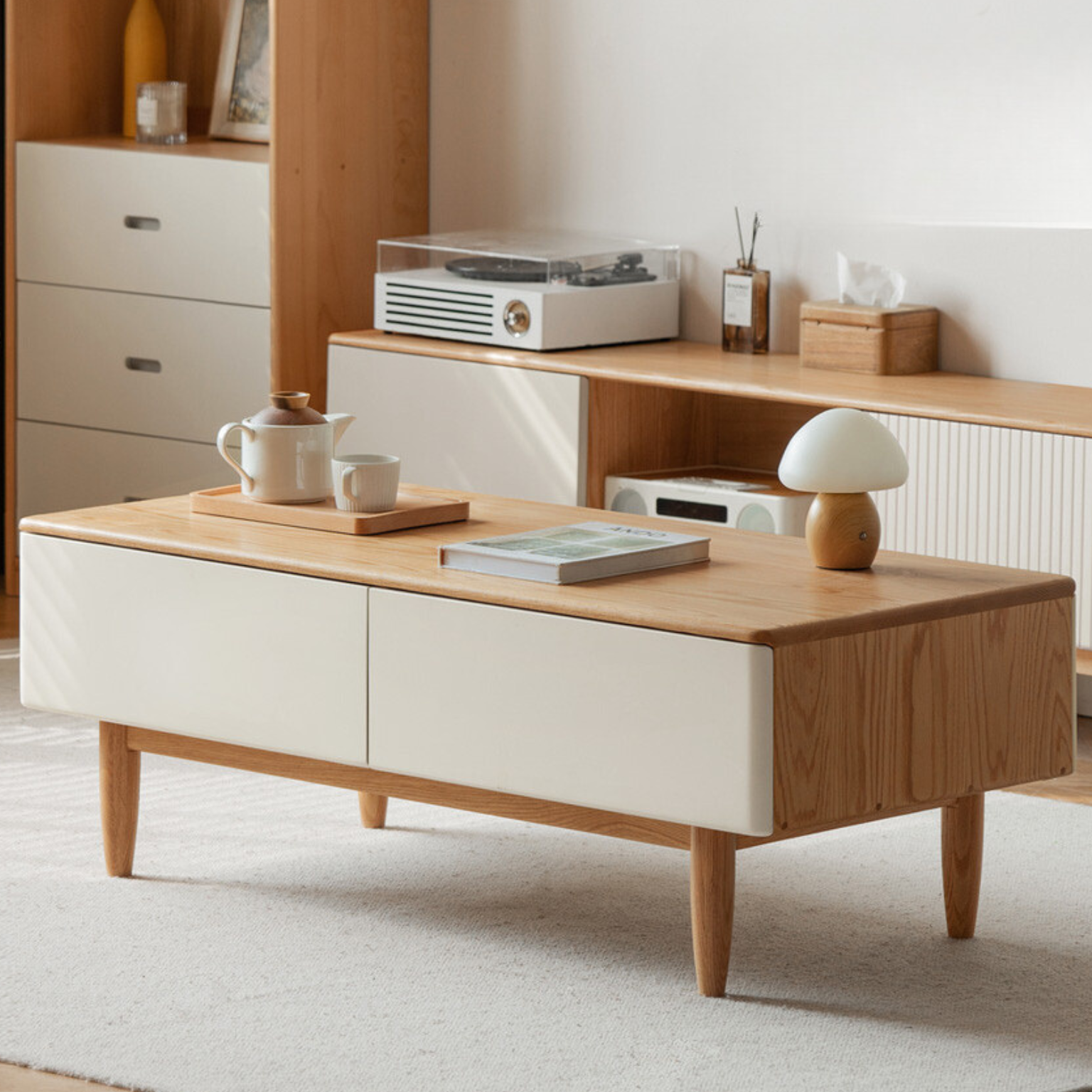 Modern Oak Solid Wood Coffee Table with Drawer - Stylish Living Room Furniture for Home Decor & Small Space