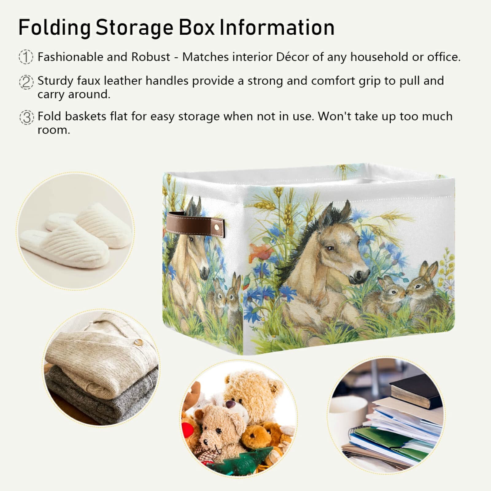 Collapsible Storage Baskets with Handles - 2 Pack Decorative Easter Bunny Bins for Horse, Rabbit & Flower Storage | Perfect for Nursery, Closet, Office, Home & Bedroom Organization