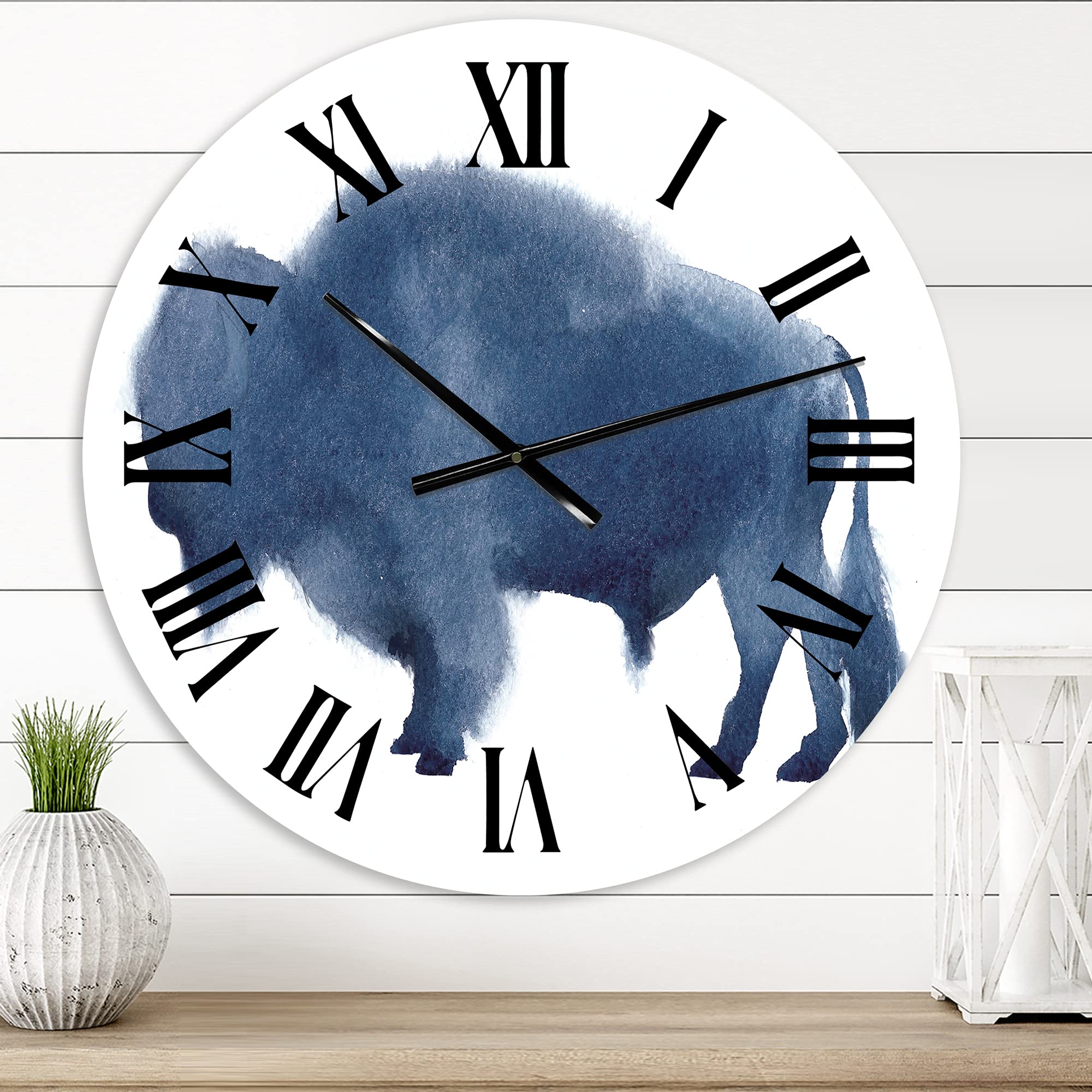Farmhouse Wall Clock with Navy Blue Bison Silhouette - Large Rustic Animal Wall Clock for Living Room, Bedroom & Office Decor - Perfect for Farmhouse, Cabin & Western Home Décor