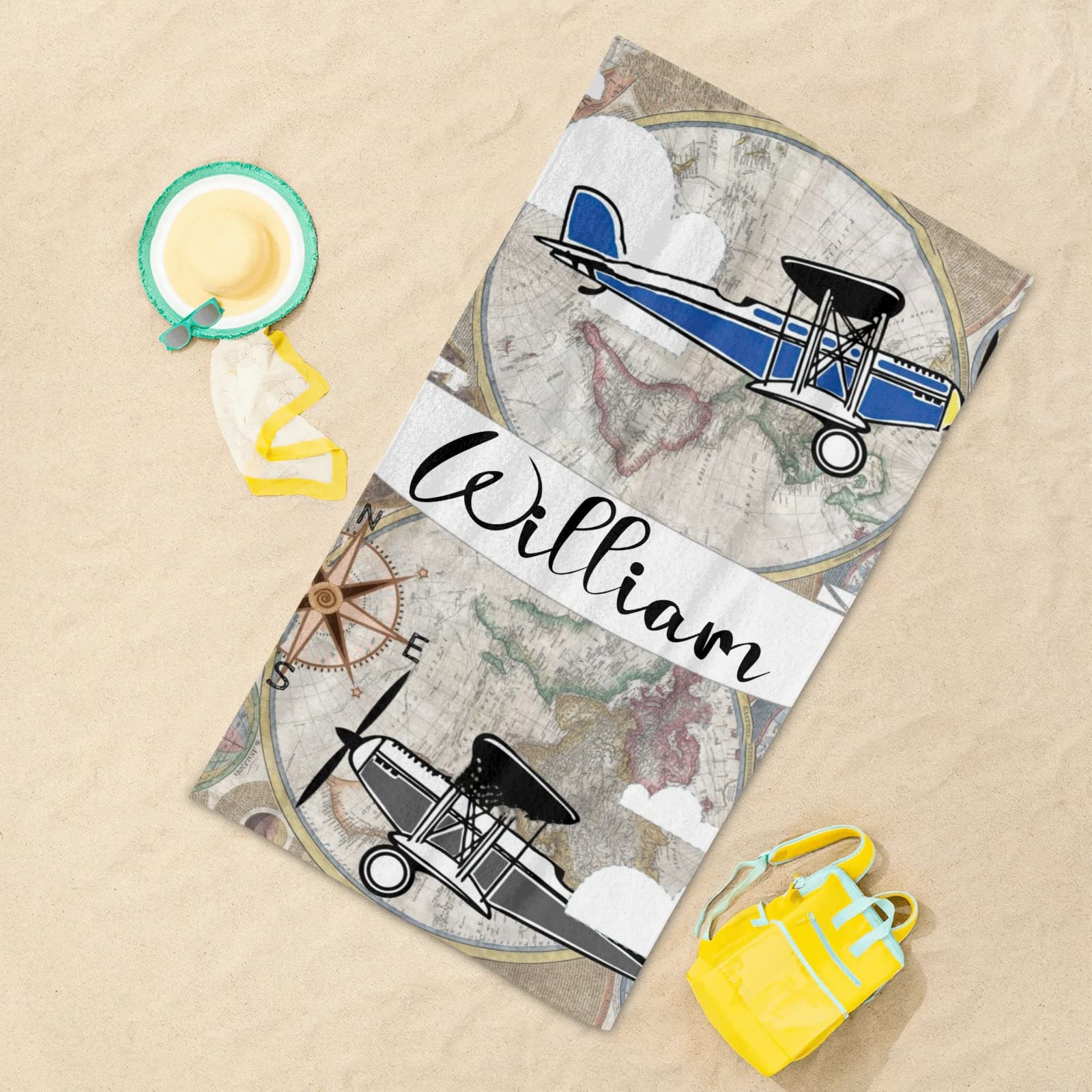 Custom Personalized Beach Towel - Vintage Airplane Design for Kids, Men, Women | Large Soft Swim & Bath Towel Blanket | Perfect for Pool, Beach, Travel & Summer Adventures