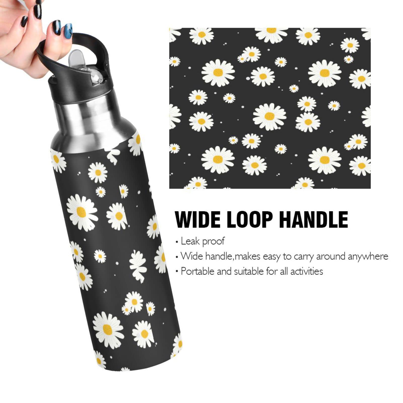 Kigai 22oz BPA Free Stainless Steel Water Bottle with Straw - Black & White Daisy Design for Sports, Hiking, Biking | Leakproof Insulated Thermos for School, Office & Outdoor Activities