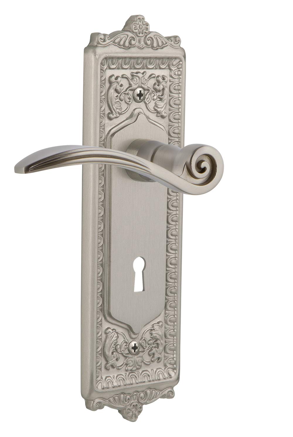 Nostalgic Warehouse Egg & Dart Plate Double Dummy Door Knob with Keyhole Swan Lever in Satin Nickel - Vintage Style Door Hardware for Bedroom, Bathroom & Interior Doors