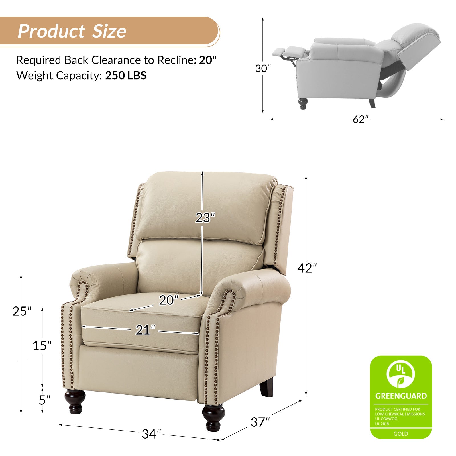Mid Century Modern Genuine Leather Recliner Chair - Consuela Handcrafted Lounge Chair for Living Room, Office & Home Theater