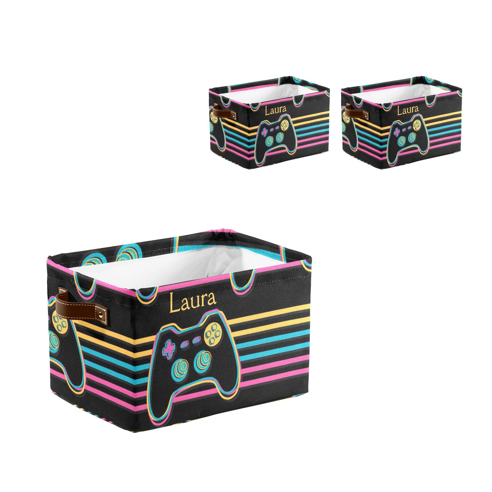 Custom Text Gamepad Stripe Storage Bins with Handles - 2 Pack Closet Organizer Boxes for Shelves, Toys & Home Organization | Perfect for Bedroom, Kids Room & Office Storage