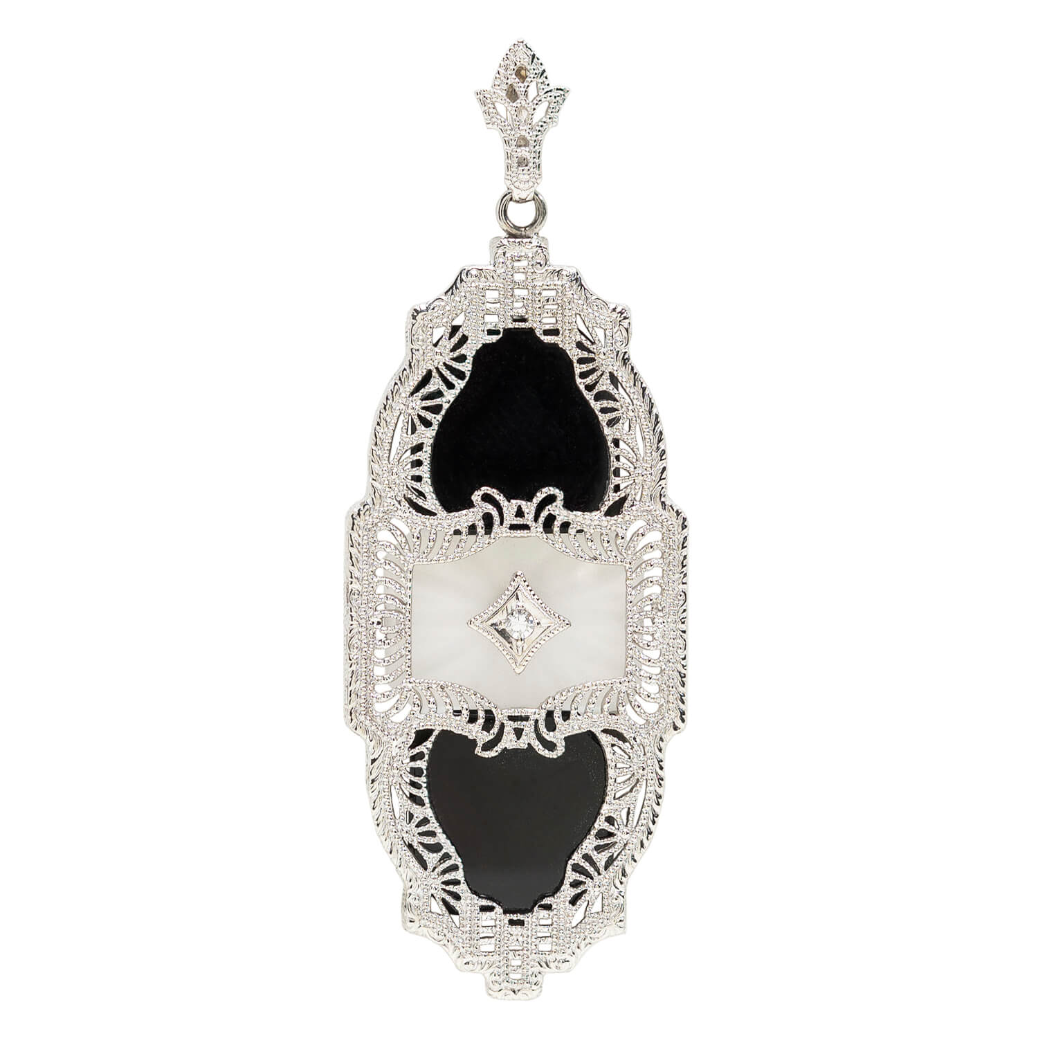 10K White Gold Art Deco Diamond & Onyx Filigree Pendant Necklace - Vintage Inspired Jewelry for Women, Perfect for Evening Wear & Special Occasions