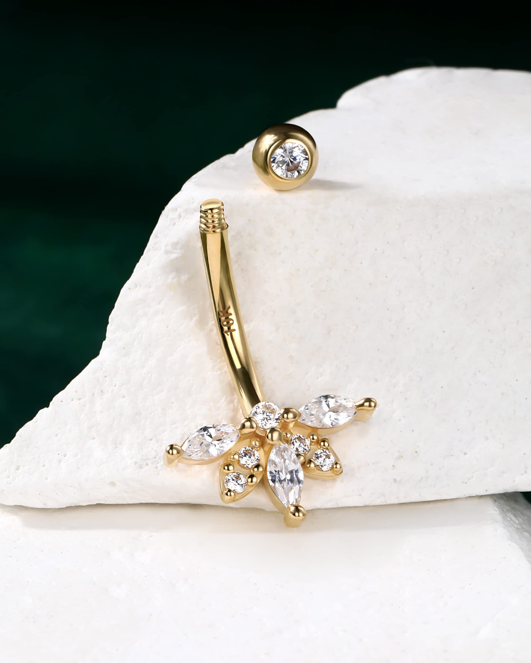 10K Yellow Gold Belly Button Rings for Women - 14G Flower Design Hypoallergenic Navel Piercing Jewelry - Perfect for Everyday Wear, Parties & Beach Outfits