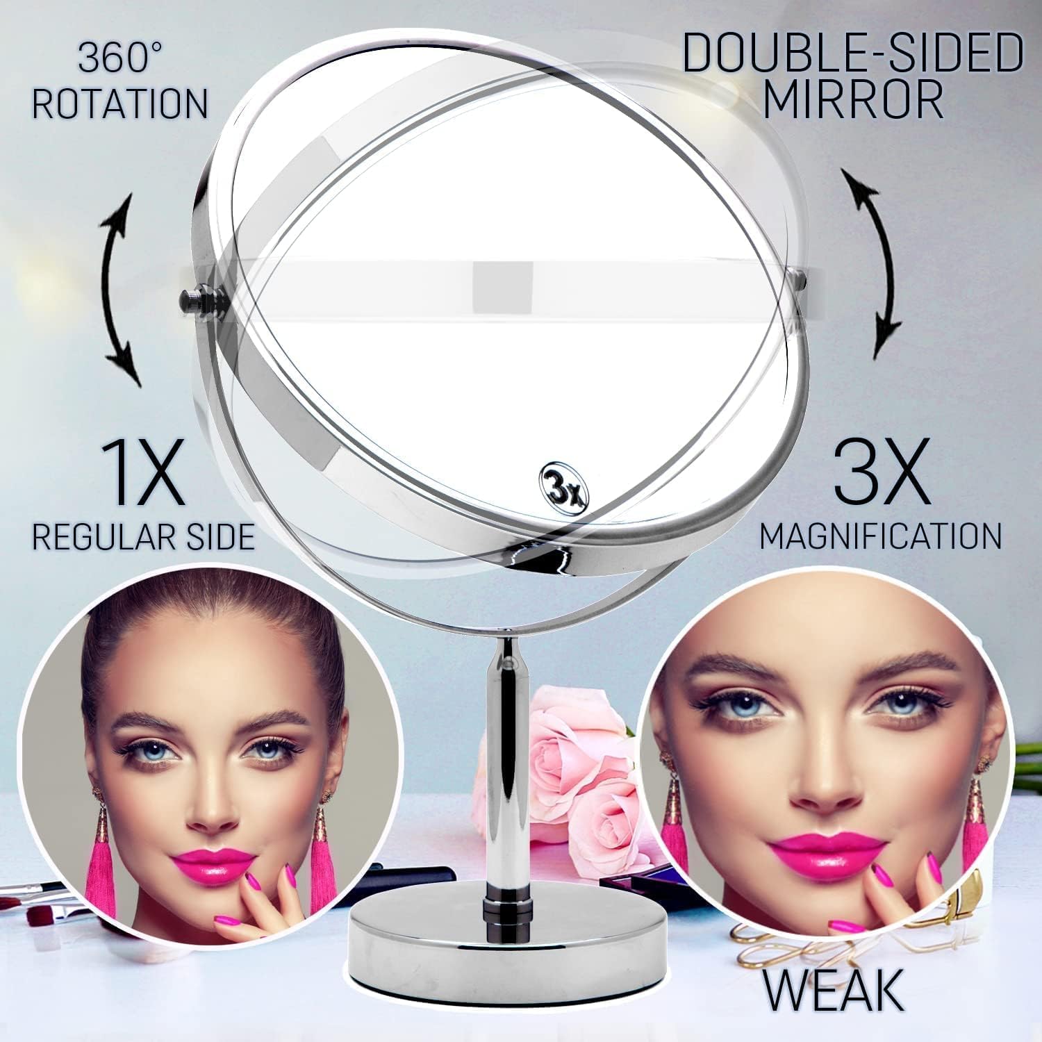 XXLarge Oversized 3X Magnifying Mirror with Stand - Double Sided 3X/1X Magnification - 17