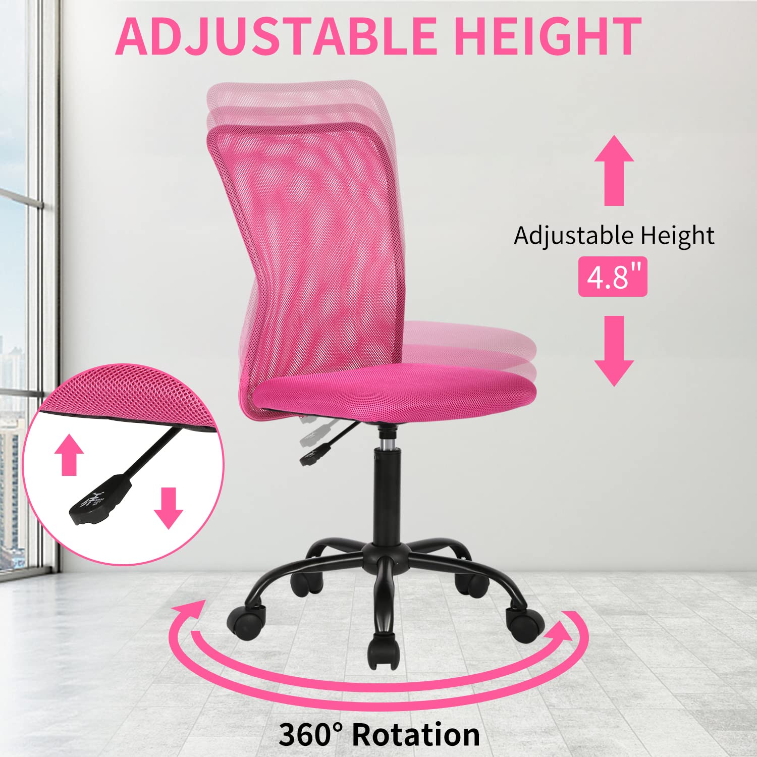 Ergonomic Armless Office Chair - Adjustable Height Mesh Computer Desk Chair with Lumbar Support, Rolling Swivel Task Chair for Small Spaces, Pink | Perfect for Home Office, Gaming & Workspace Comfort