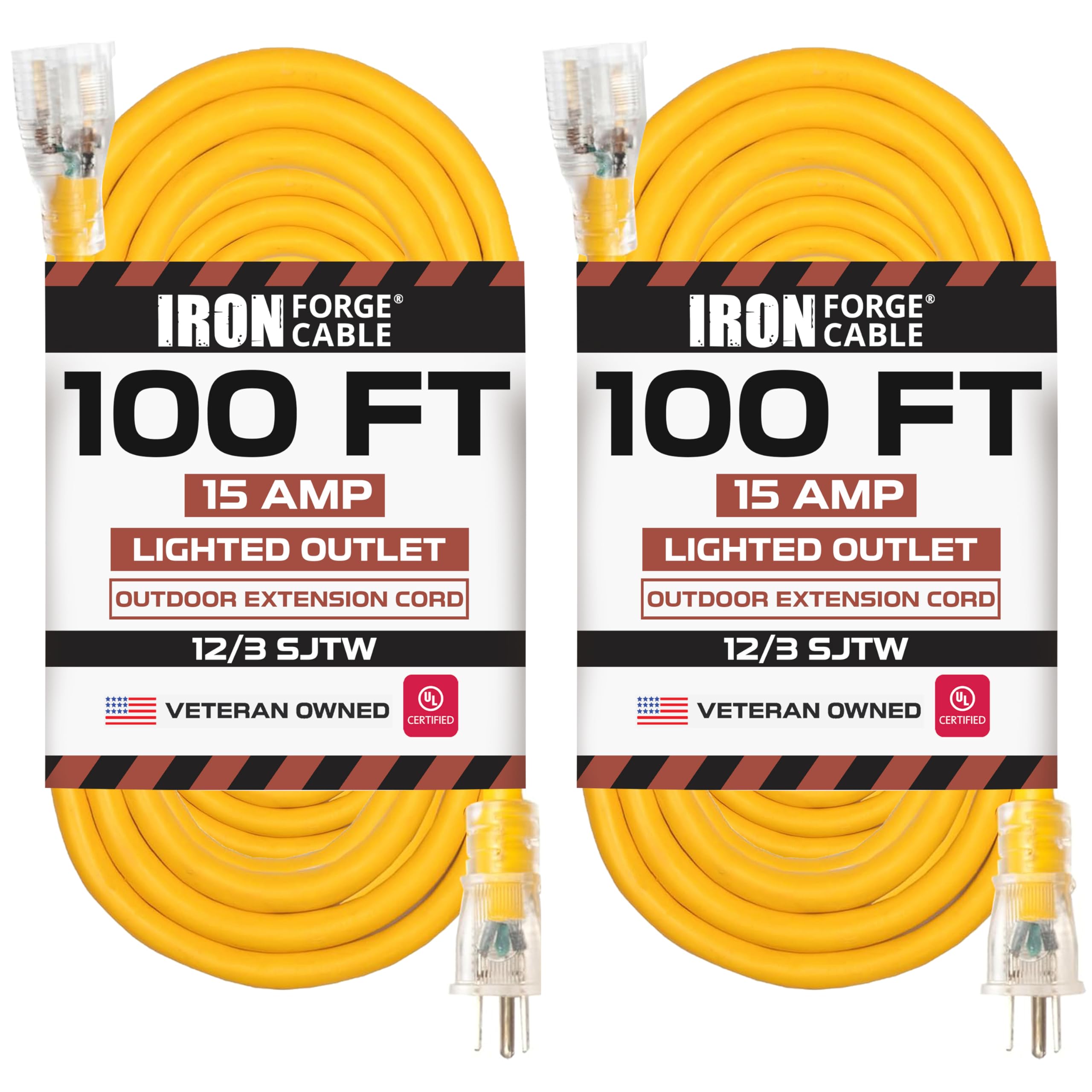 2 Pack 100ft Heavy Duty Outdoor Extension Cord - 12/3 SJTW Yellow Lighted Cable with 3-Prong Grounded Plug, 15 AMP - Perfect for Garden Tools, Power Tools, Christmas Lights & Outdoor Appliances