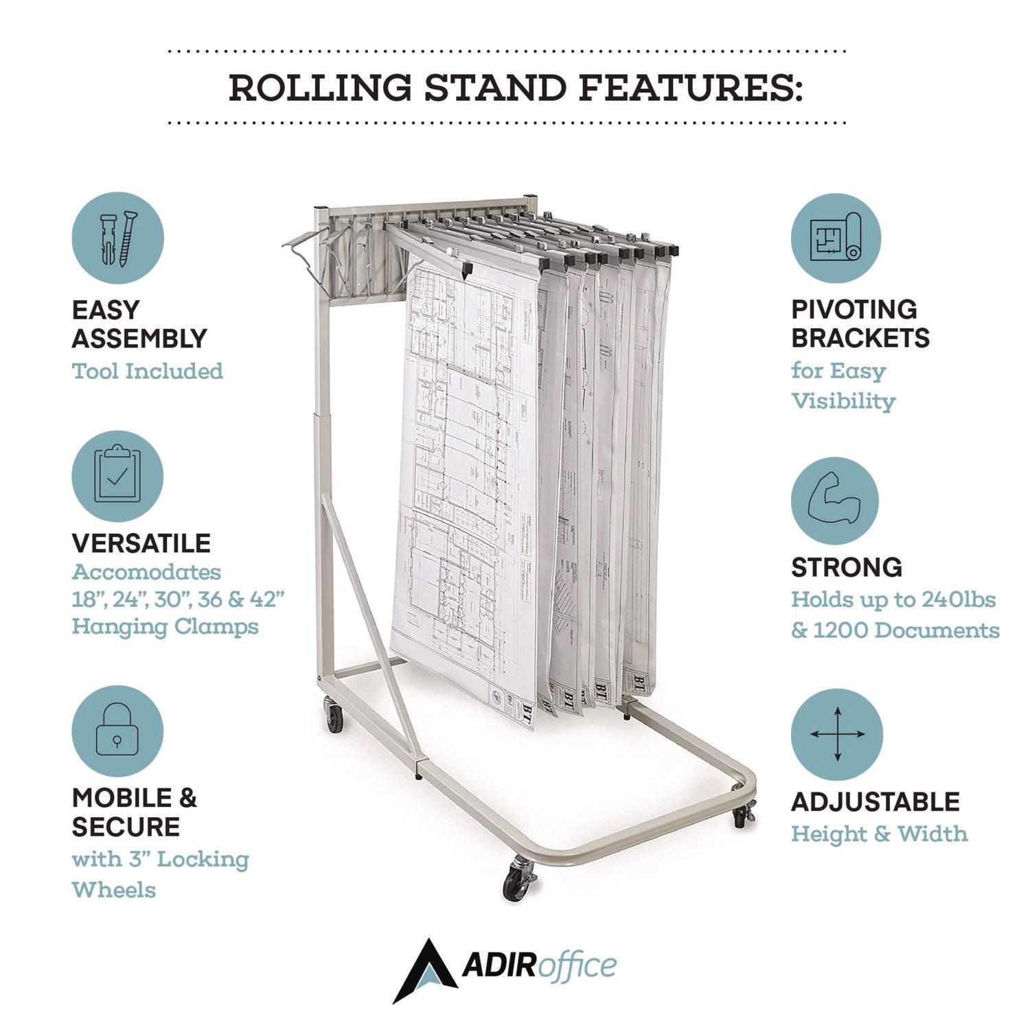 AdirOffice Blueprint Storage Cabinet with Wheels - Adjustable Rolling Stand for Large Documents 27