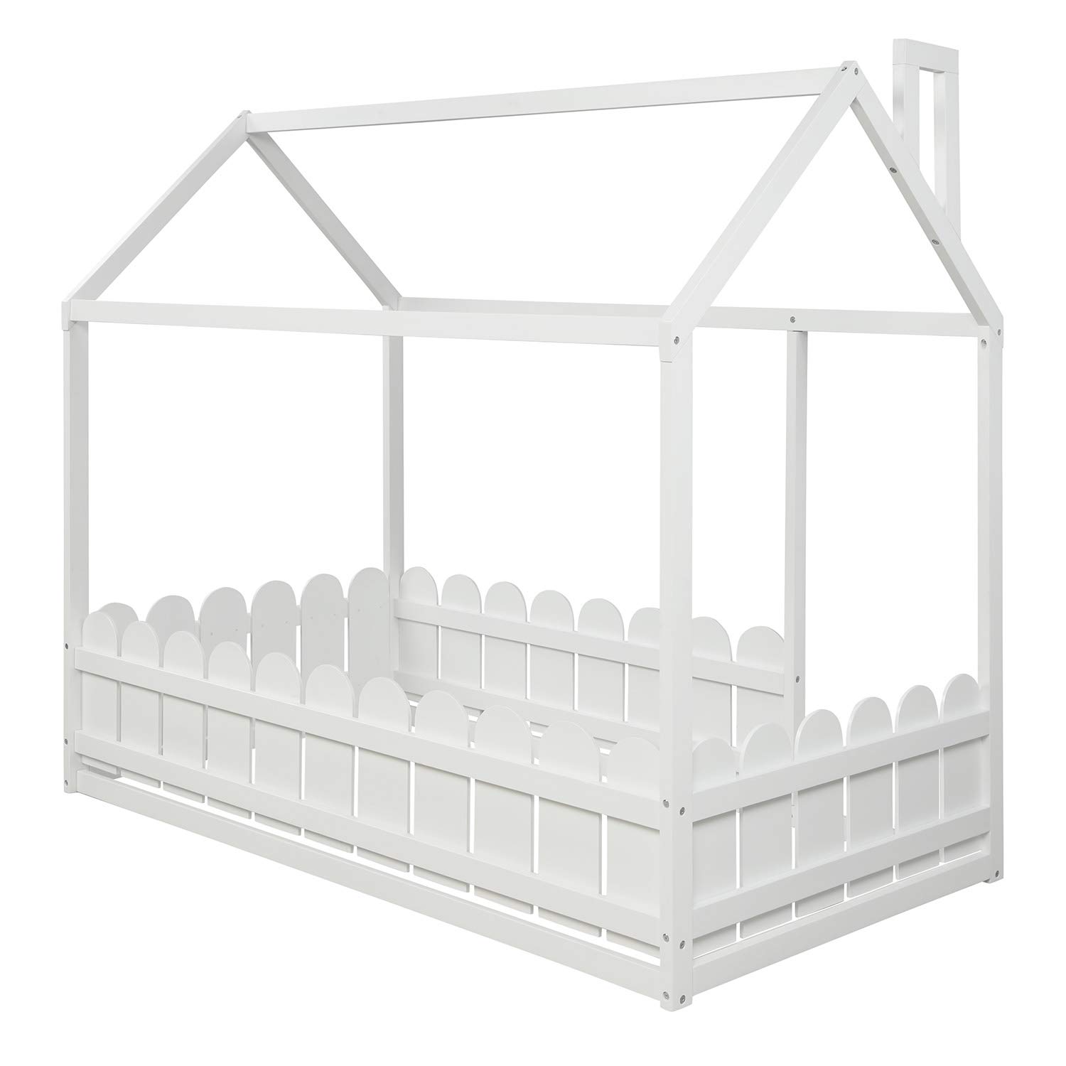 **Wooden Twin Bed Frame for Kids - House-Shaped Cabin Bed with Tent, Floor Bed for Boys & Girls, White - Perfect for Bedrooms, Playrooms & Sleepovers**