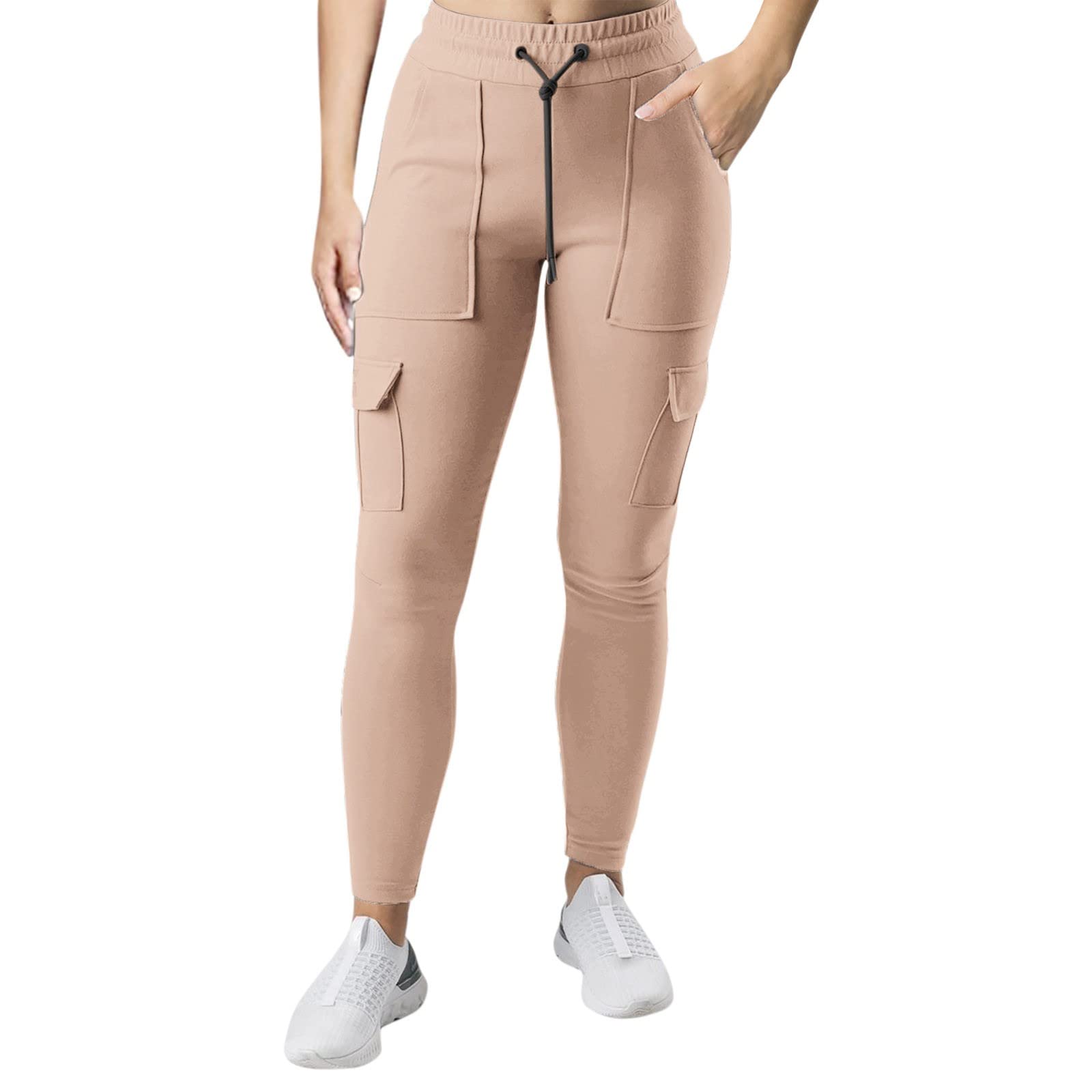 NREALY Women's Stretchy Elastic Waist Cargo Jogger Pants with Pockets - Comfortable Yoga Lounge Pants for Casual Wear, Workout & Outdoor Activities