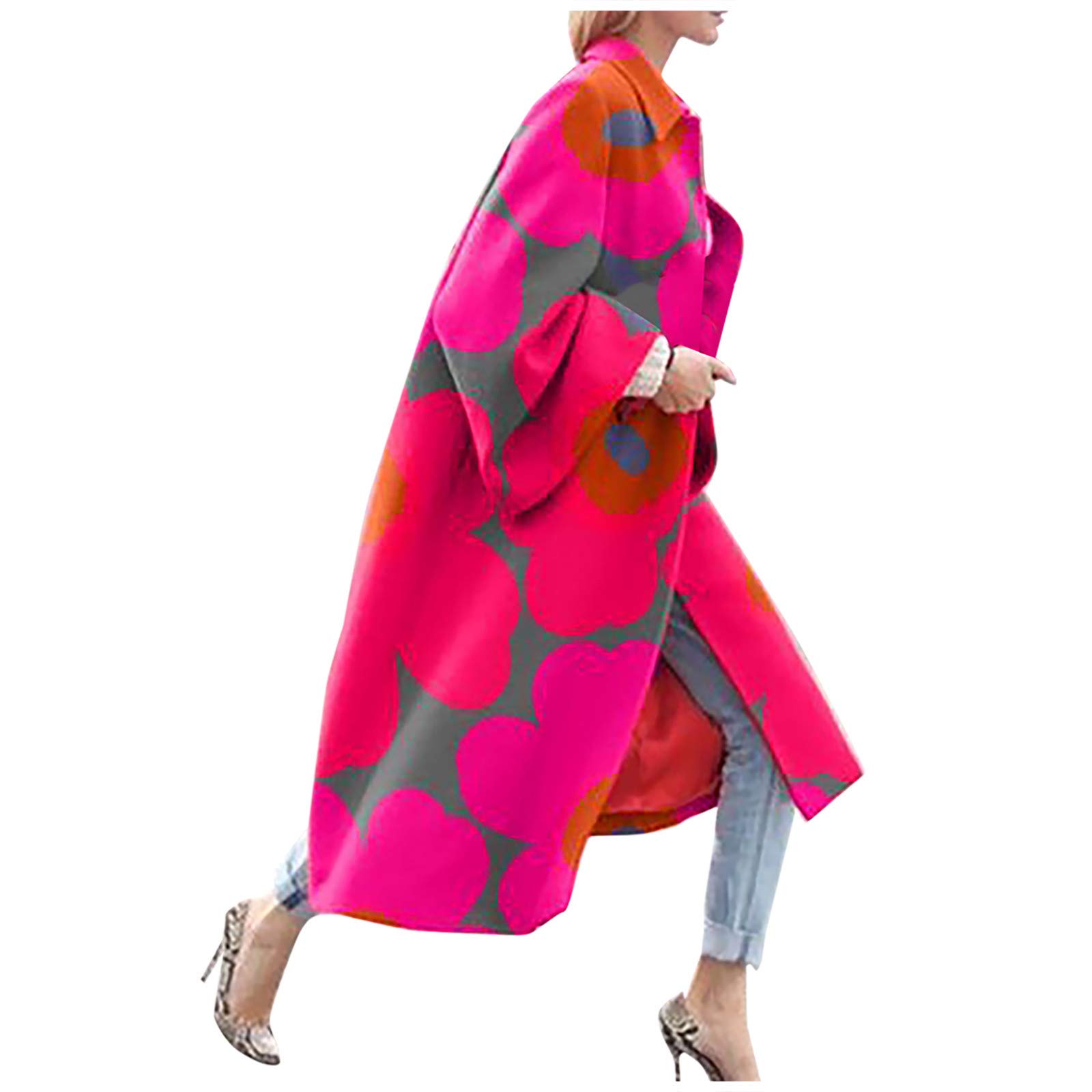 CSBYBD Women's Printed Pocket Jacket - Long Trench Coat Cardigan Overcoat Outerwear (Hot Pink, XXL) | Stylish Spring/Fall Layering Piece for Work & Casual Outfits