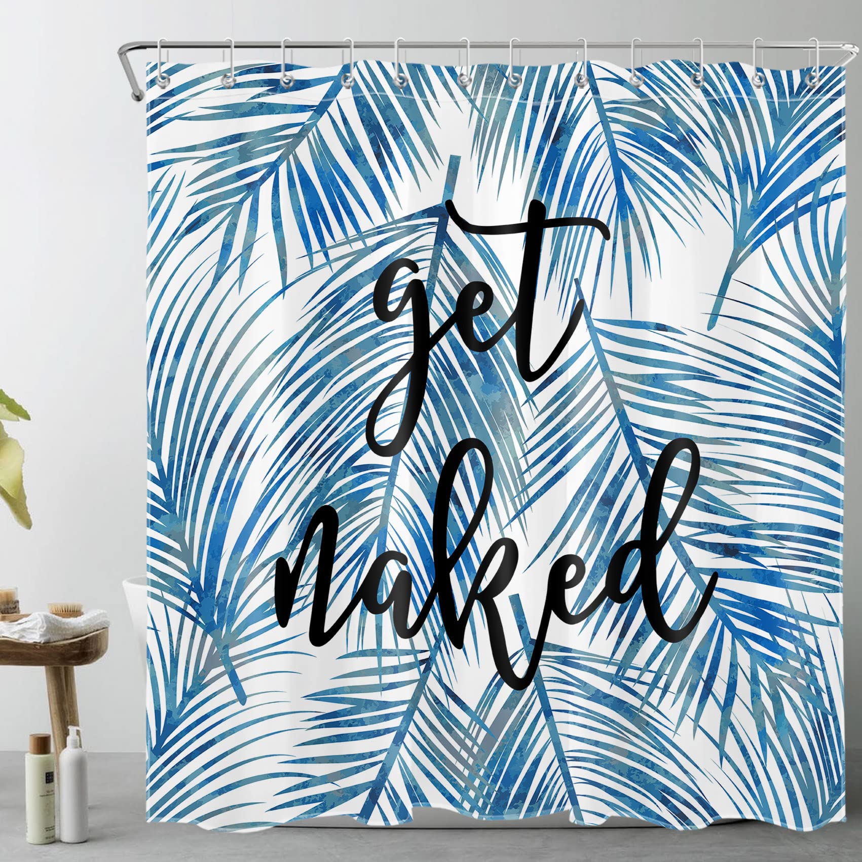 Funny Get Naked Shower Curtain - Blue Palm Leaf Tropical Jungle Design, 72x72 Inch Bathroom Decor with 12 Hooks | Waterproof Polyester Fabric for Bath Tub, Beach House & Boho Style Bathroom Decorations