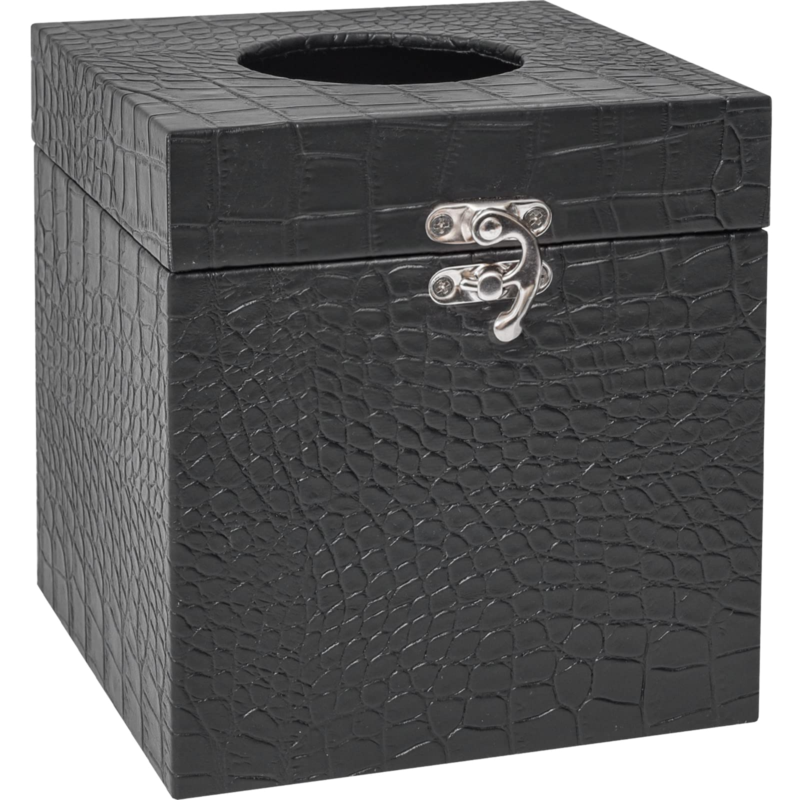 Premium Black Crocodile Leather Tissue Box Cover - Square Wooden Napkin Holder for Bathroom, Bedroom & Vanity Countertops | Fits Standard Tissue Boxes | Elegant Home & Office Decor Accessory