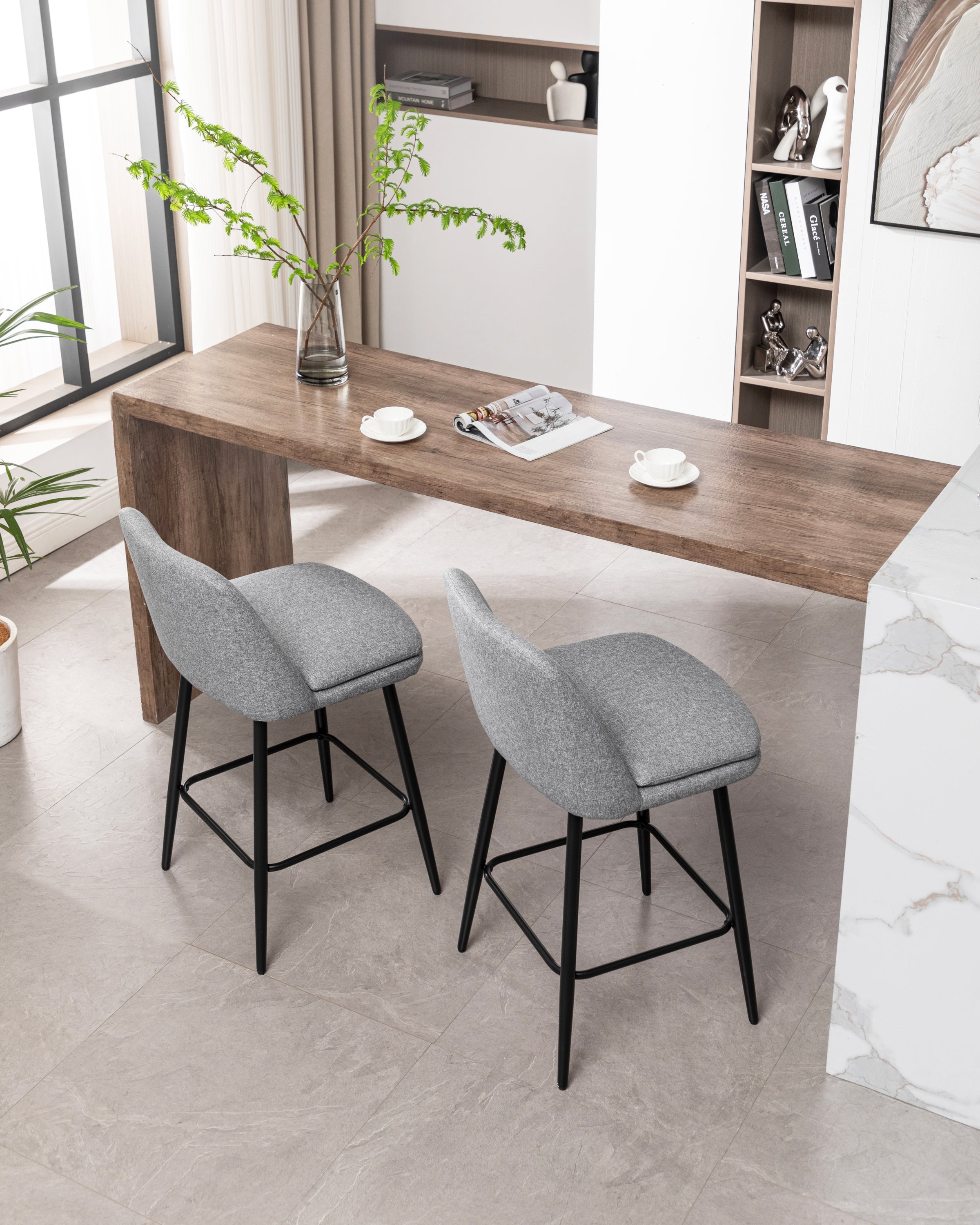 360° Swivel Counter Height Bar Stools Set of 2 - Upholstered with Back Support & Sturdy Metal Legs, 25.6
