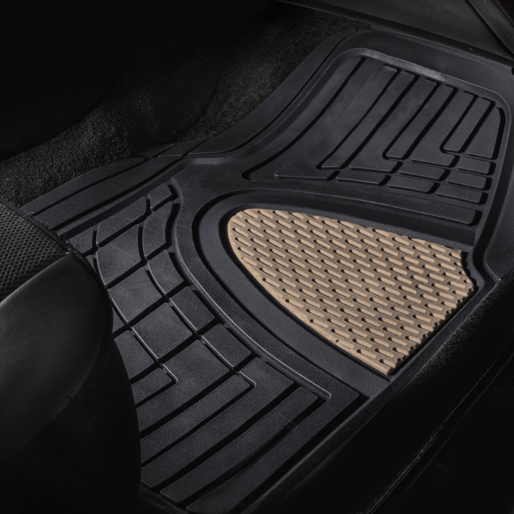 Premium FH GROUP Car Seat Covers with Tall Channel Rubber Trimmable Floor Mats & Snake Pattern Silicone Steering Wheel Cover - Universal Fit for Trucks, SUVs, Vans (Beige/Black) F11311 - Perfect for Off-Roading, Daily Commutes, and Family Road Trips