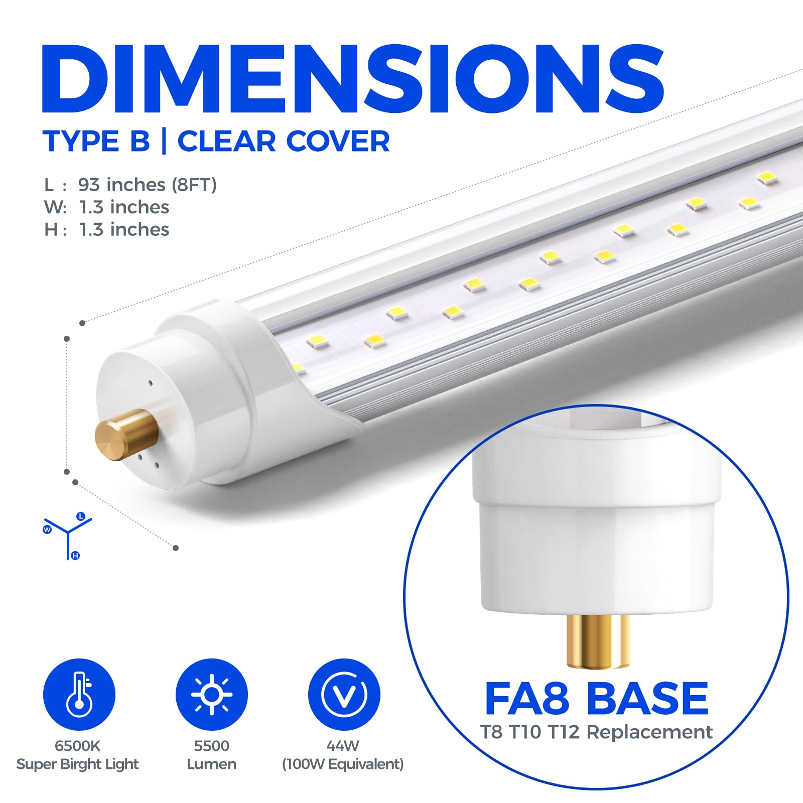 Barrina 8 Foot LED Bulbs - 44W 5500lm 6500K Super Bright T8 T10 T12 LED Tube Lights with Clear Cover, FA8 Single Pin - Energy Efficient Replacement for Fluorescent Lights (Pack of 12) - Perfect for Warehouses, Garages, and Commercial Lighting