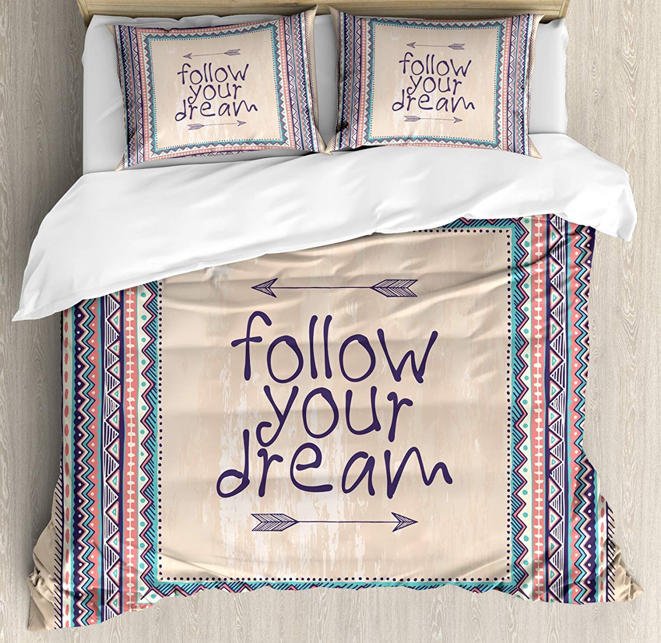 UP Tribal 3-Piece Queen Bedding Set - Soft Comforter Duvet Cover with 2 Decorative Pillowcases - Inspirational 'Follow Your Dream' Design - Perfect for Kids, Teens & Adults Bedrooms - Cozy Bedspread for Modern Home Decor