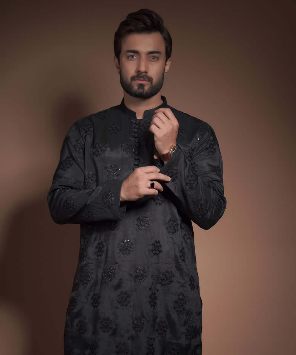 Elegant Black Shiny Raw Silk Kurta with Intricate Motifs - Perfect for Festivals, Weddings & Special Occasions