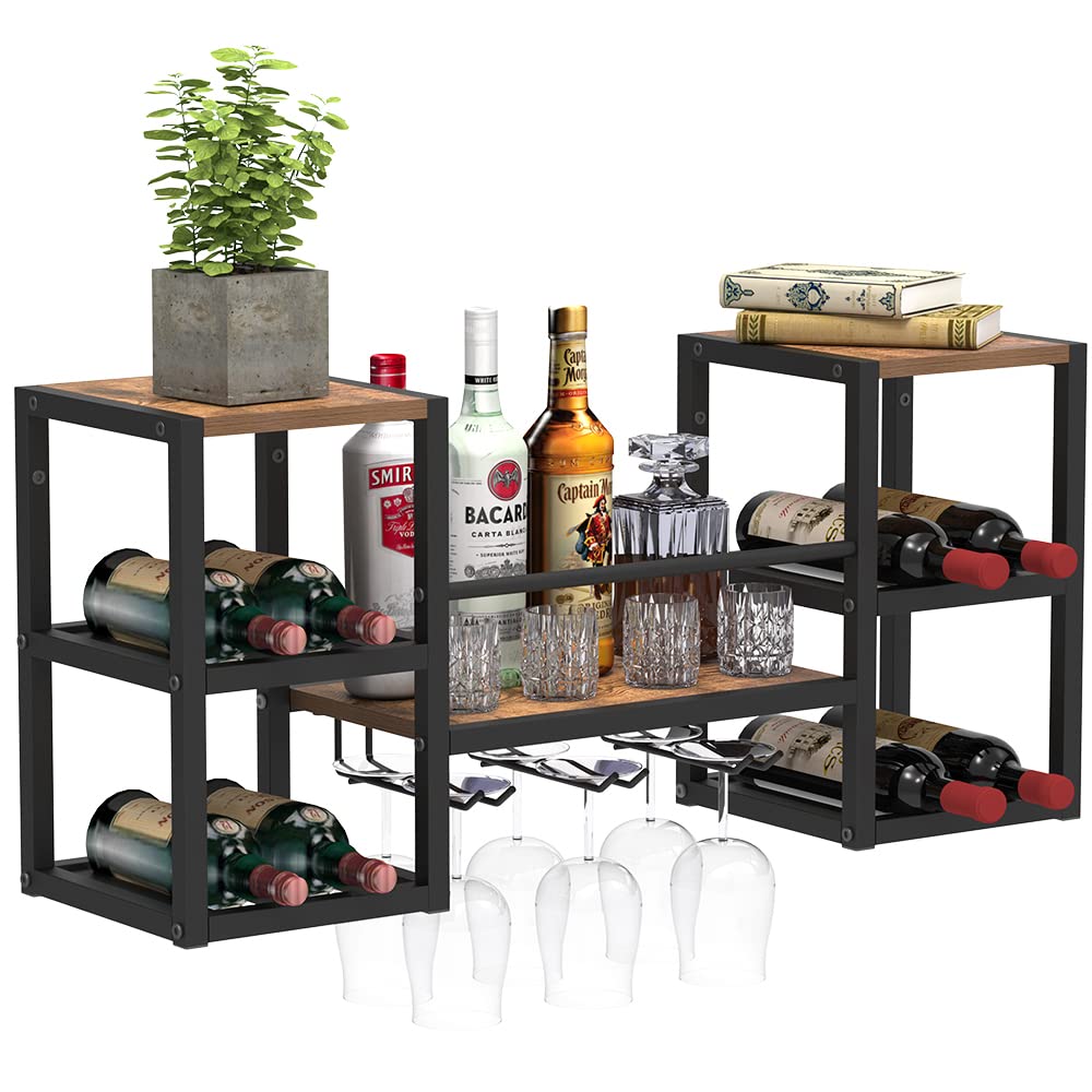Industrial Brown Wall Mounted Wine Rack - 3 Steam Glass Holder with Wood Shelf & Black Metal Bottle Storage - Multi-Functional Wine Display for Home Bar, Dining Room, Kitchen - Perfect for Entertaining & Space-Saving Storage