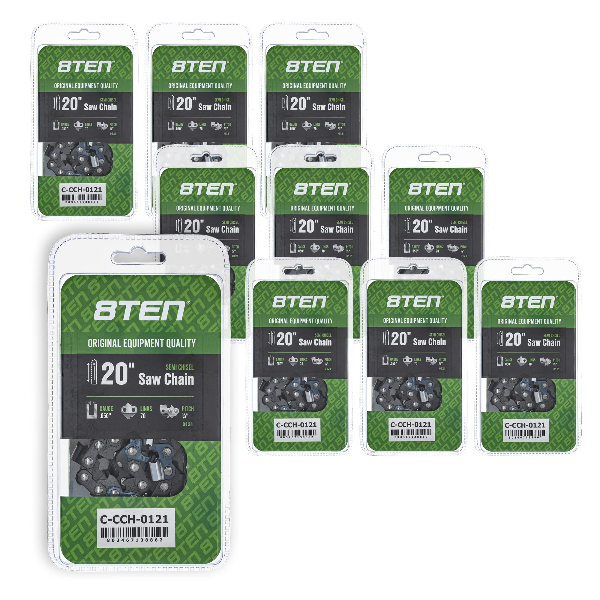 8TEN Semi Chisel Chainsaw Chain 20 Inch .050 Gauge 3/8 Pitch 70DL - Compatible with Echo CS-590, Poulan PP5020AV, Jonsered 2063, Makita (10 Pack) - Ideal for Tree Cutting, Firewood Processing, and Landscaping