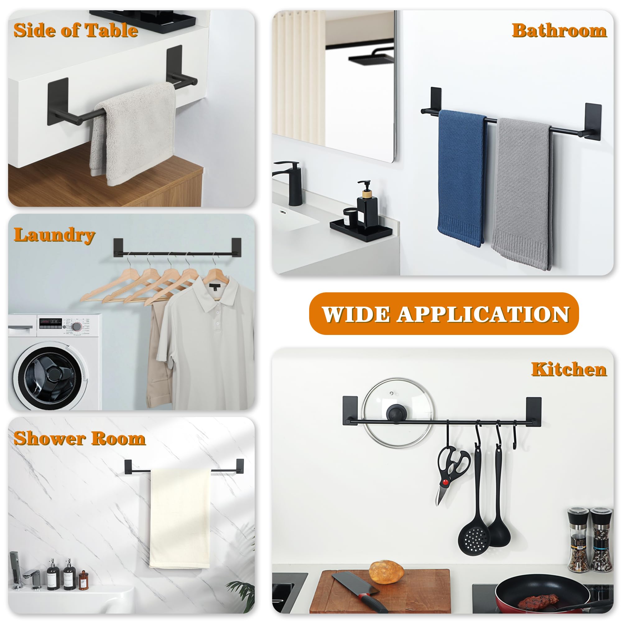 12 Inch No Drill Adhesive Towel Rack - SUS 304 Stainless Steel Bathroom Towel Bar with Strong Adhesion, Rustproof Matte Black Towel Holder for Bath, Kitchen, and Laundry Room Organization