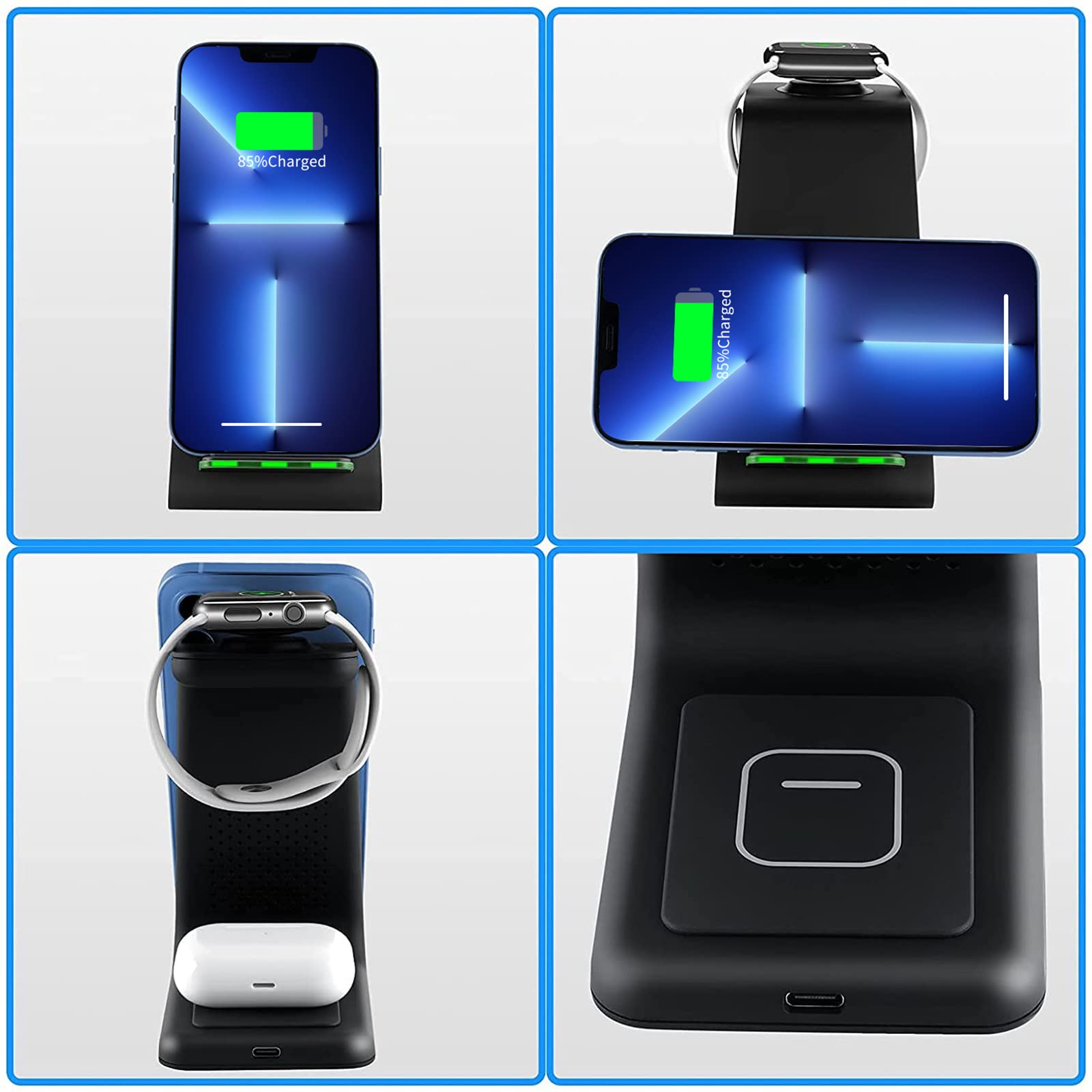 YOCUNKER 3-in-1 Qi Fast Wireless Charging Station for iPhone 14/13/12/11 Pro Max/X/XR, Apple Watch Series 7/SE/6/5/4/3/2 & AirPods 3/Pro/2 - Multi-Device Charging Dock Stand (Black) | Perfect for Home, Office & Travel
