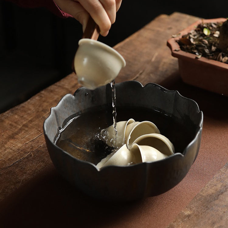 Lotus Shaped Coarse Pottery Tea Washer - Handmade Ceramic Tea Cup for Matcha, Japanese Tea Ceremony & Zen Meditation Accessories