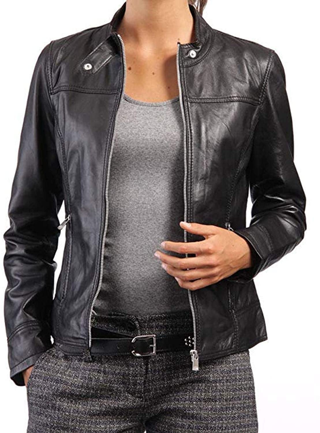 Genuine Real Leather Jacket for Women - Slim Fit Motorcycle Jacket Black | Stylish Biker Jacket for Riding, Casual Outfits & Night Out