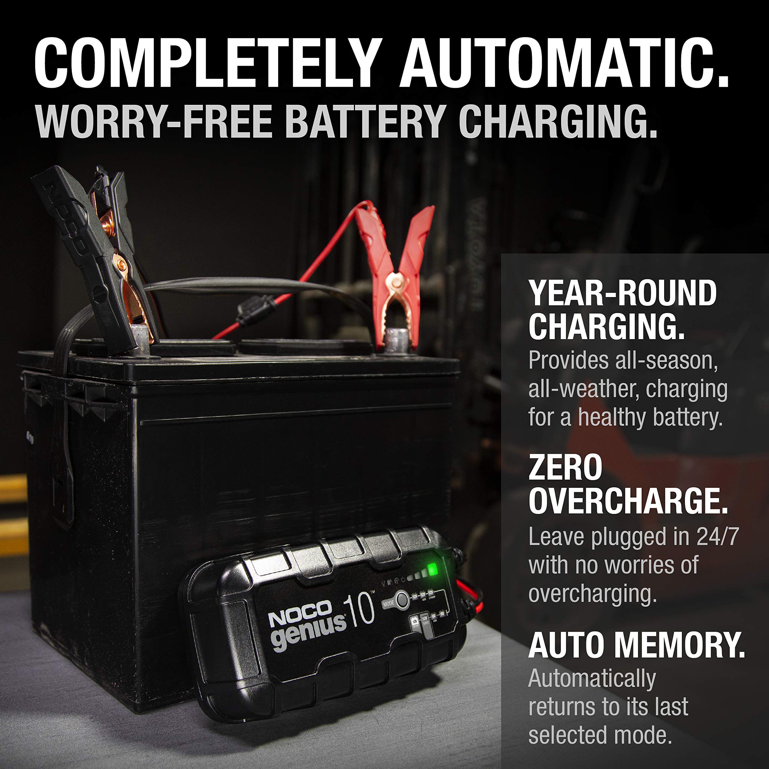 NOCO GENIUS10 10A Smart Car Battery Charger - 6V/12V Automotive Charger & Maintainer for Motorcycle, ATV, Lithium & Deep Cycle Batteries | Trickle Charger, Float Charger with Desulfator | Perfect for Winter Storage & RV Battery Maintenance