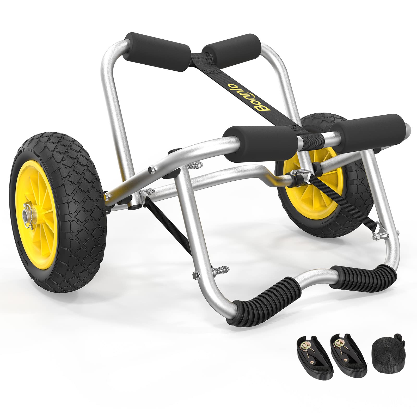 **Bonnlo Foldable Kayak Cart with No-Flat Airless Tires - Heavy Duty Canoe Dolly, Paddle Board & Fishing Kayak Carrier - Includes 2 Ratchet Straps for Secure Transport - Ideal for Beach, Lake & Boat Trailer Use**