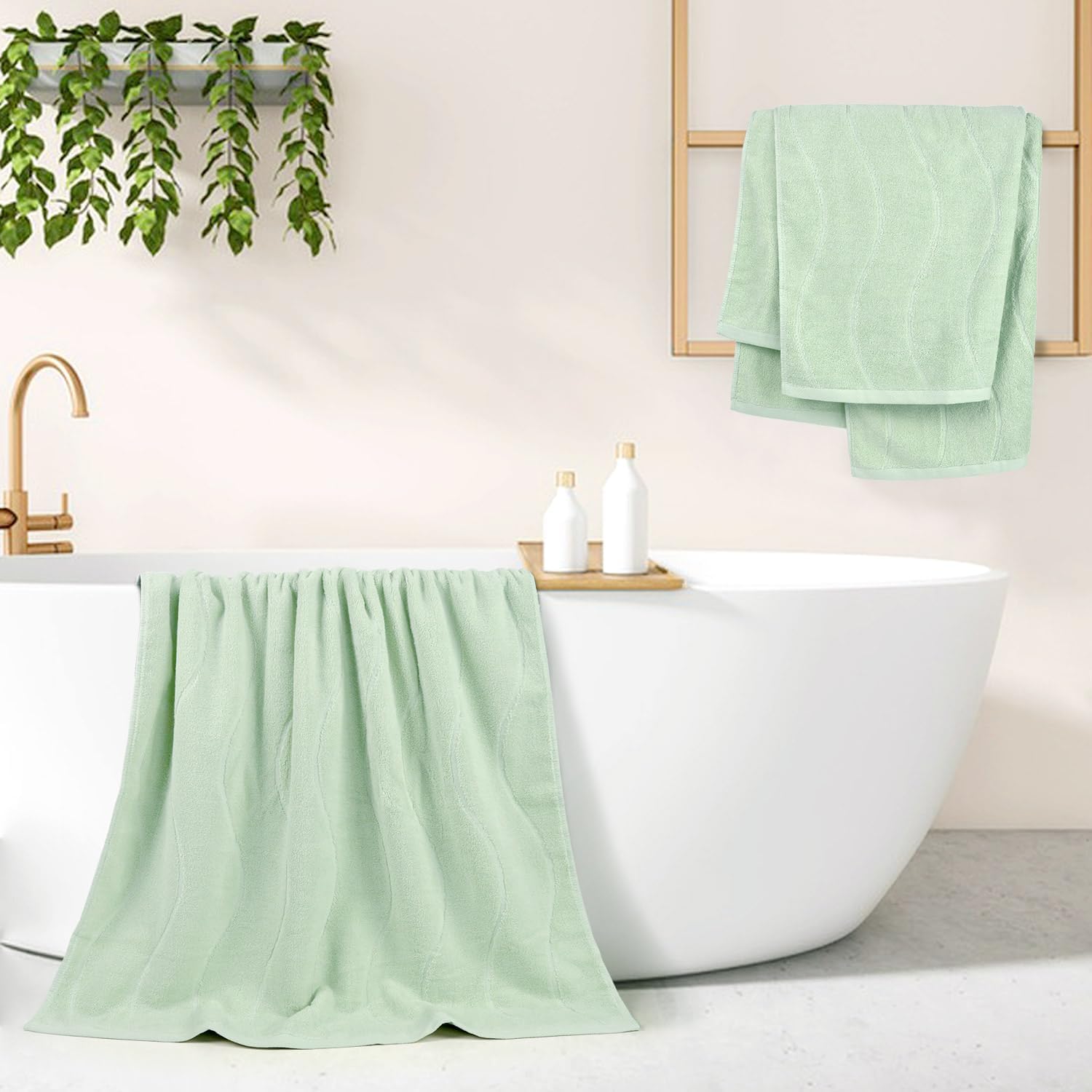 Jacquotha Light Green Bath Towels Set of 2 - Soft, Absorbent Wavy Stripe Textured Shower Towels (27.5x55 Inches) for Bathroom & Guest Room - Perfect for Spa Days & Luxury Home Decor
